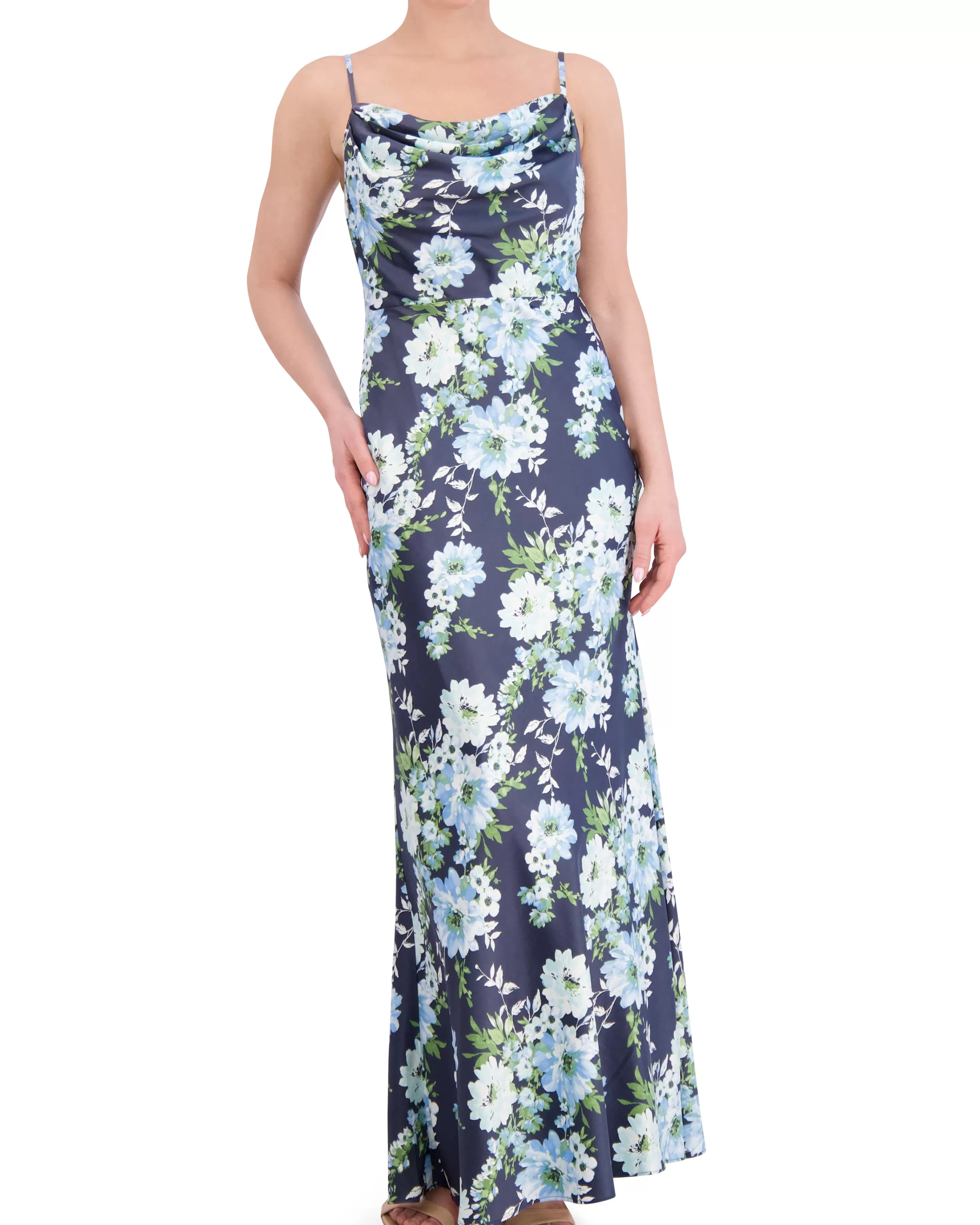 Vince Camuto Floral-Print Satin Cowl-Neck Gown Navy Multi Flash Sale