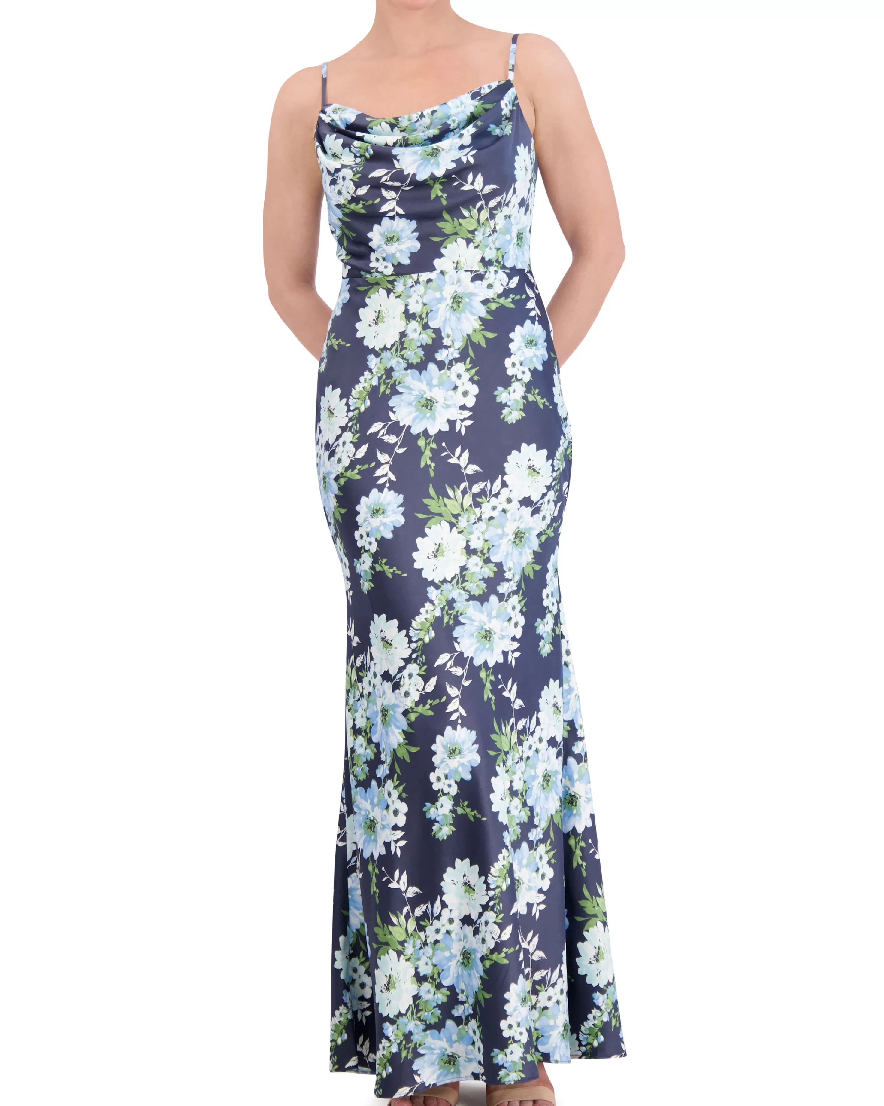 Vince Camuto Floral-Print Satin Cowl-Neck Gown Navy Multi Flash Sale