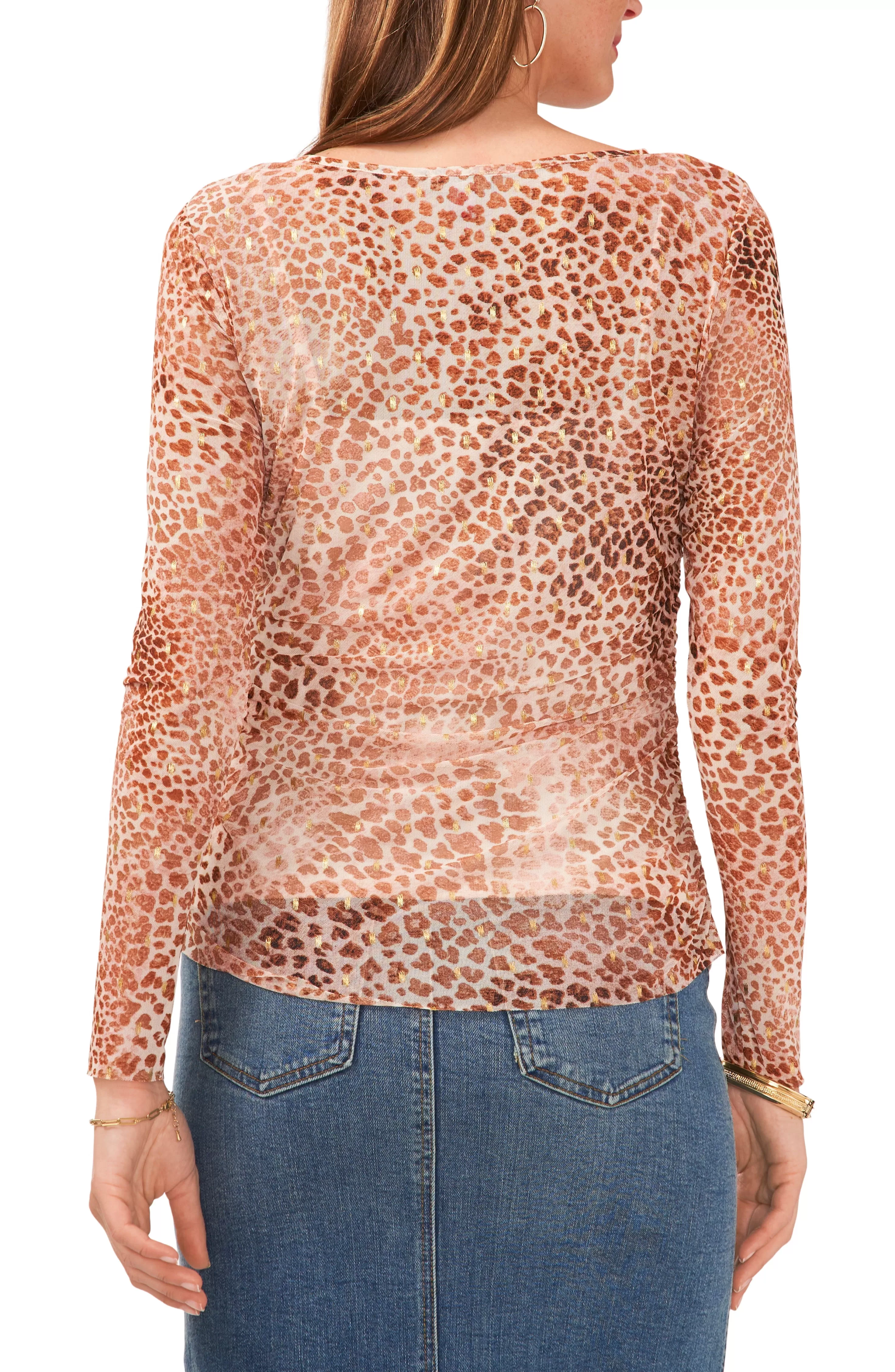 Vince Camuto Leopard Print Shirred Long Sleeve Top Natural Tan Sale