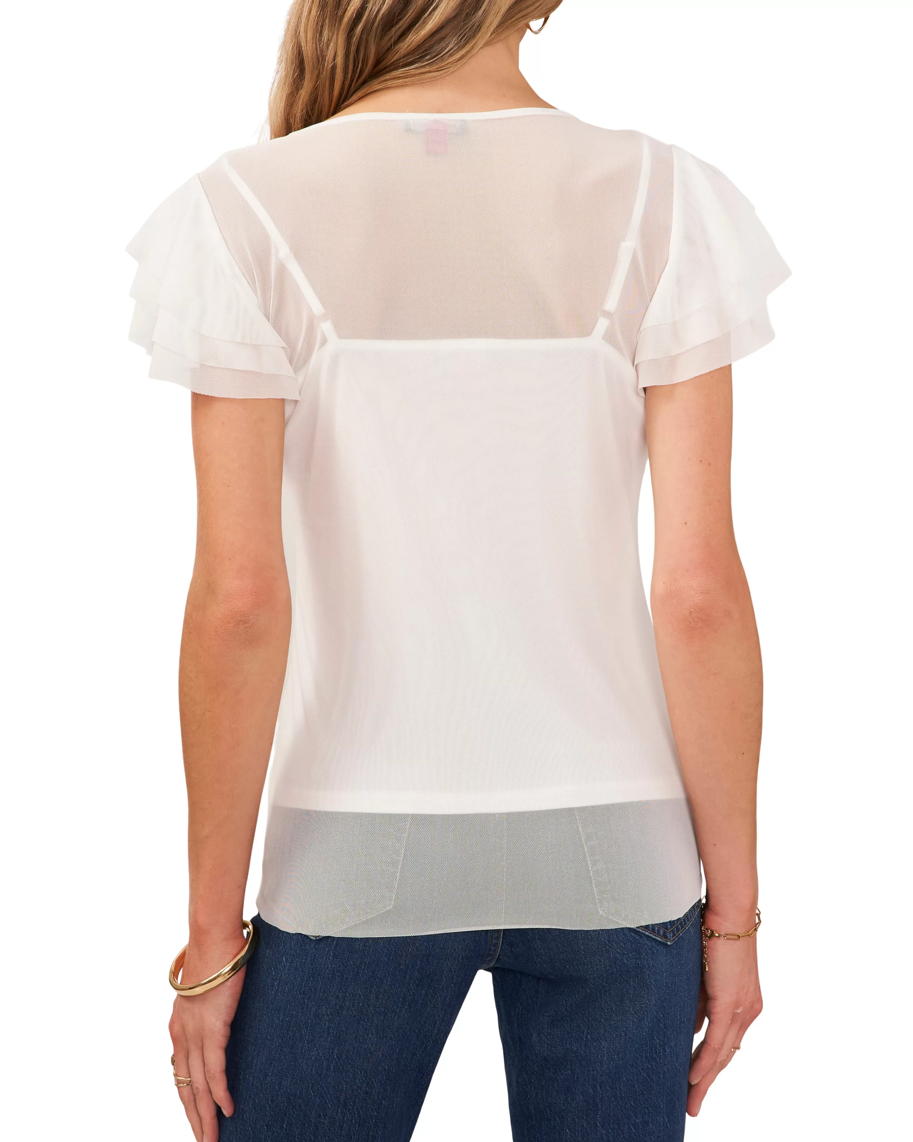 Vince Camuto Mesh Ruffle Sleeve Blouse Ultra White Online