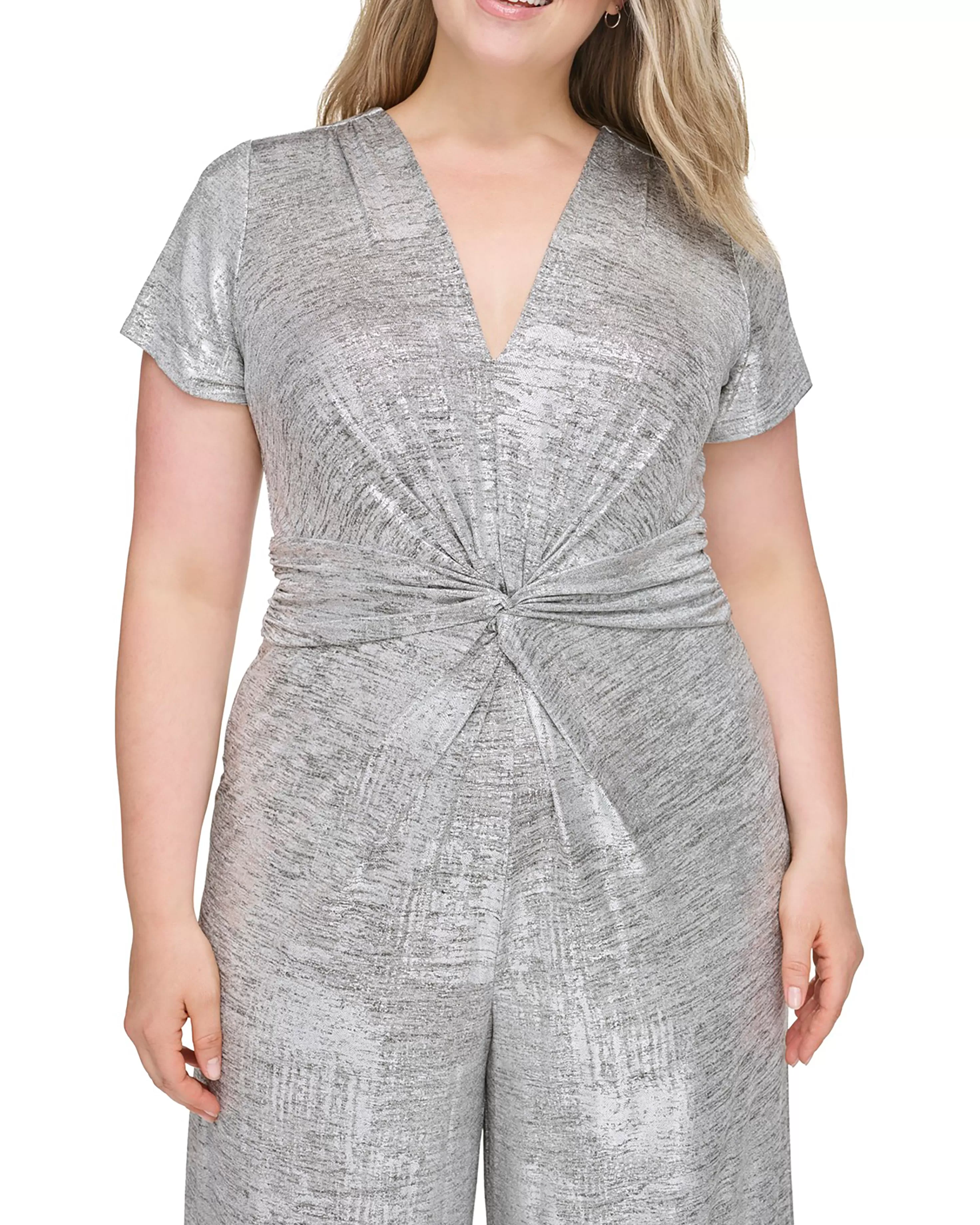 Vince Camuto Metallic Twist-Front Jumpsuit Silver Fashion