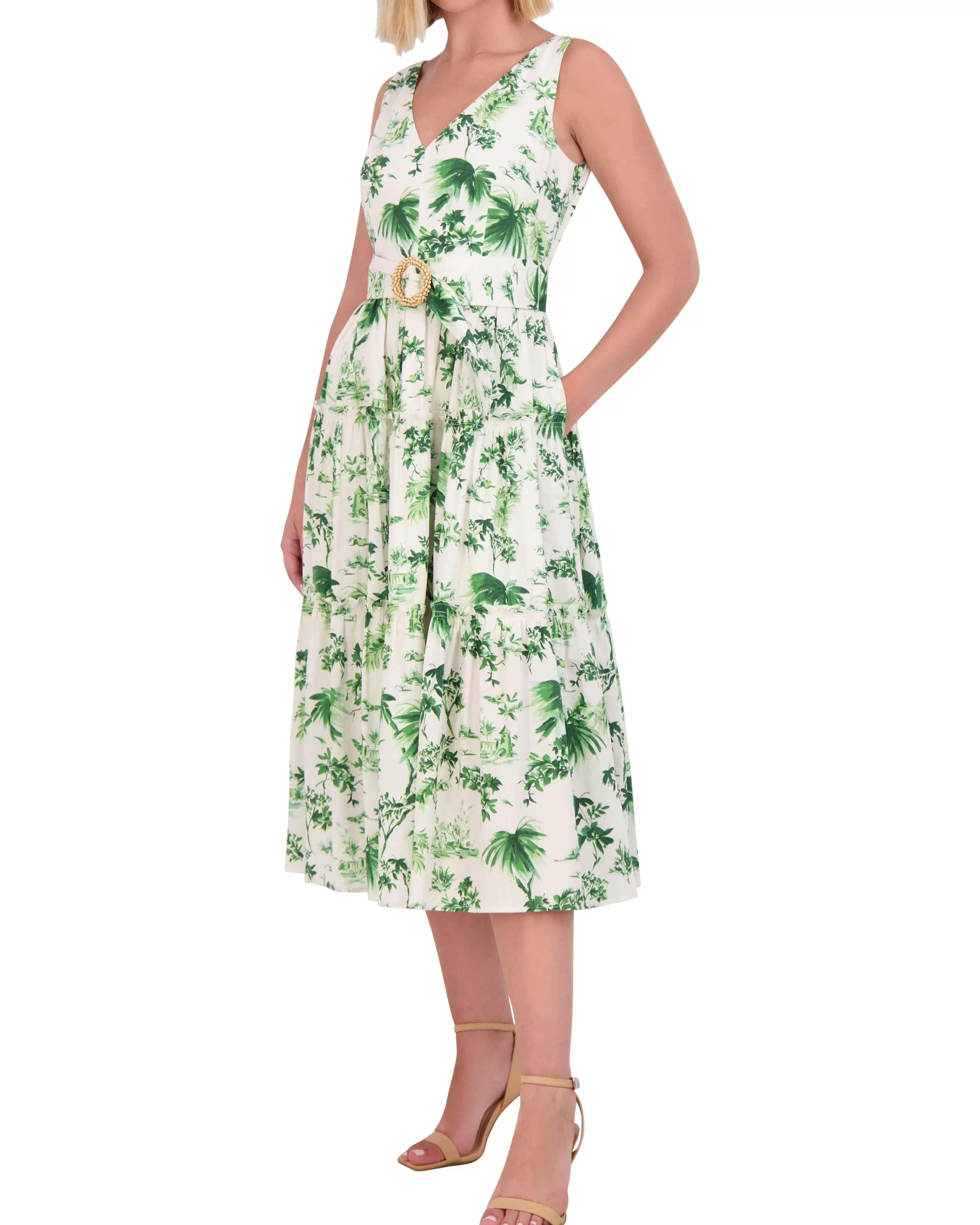 Vince Camuto Petite Floral-Print Belted Tiered Dress Green Best Sale