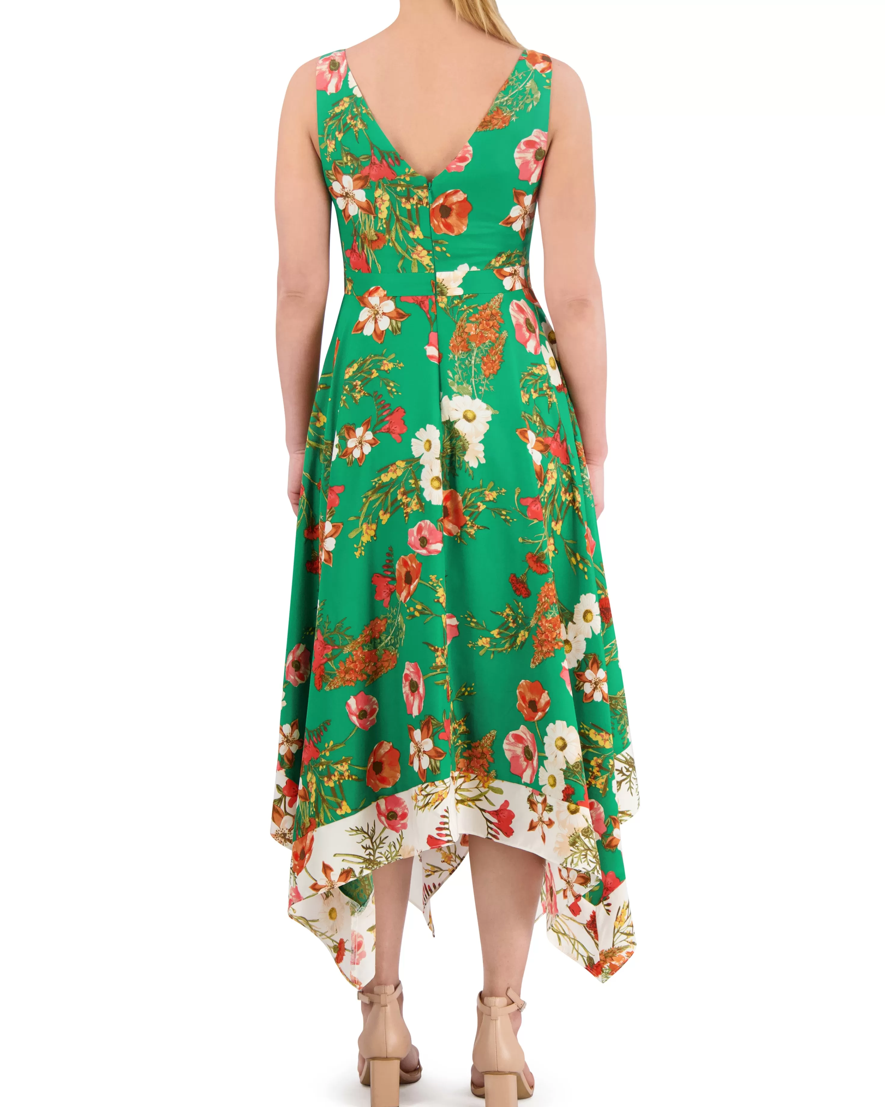 Vince Camuto Petite Floral-Print Handkerchief-Hem Dress Green Multi New