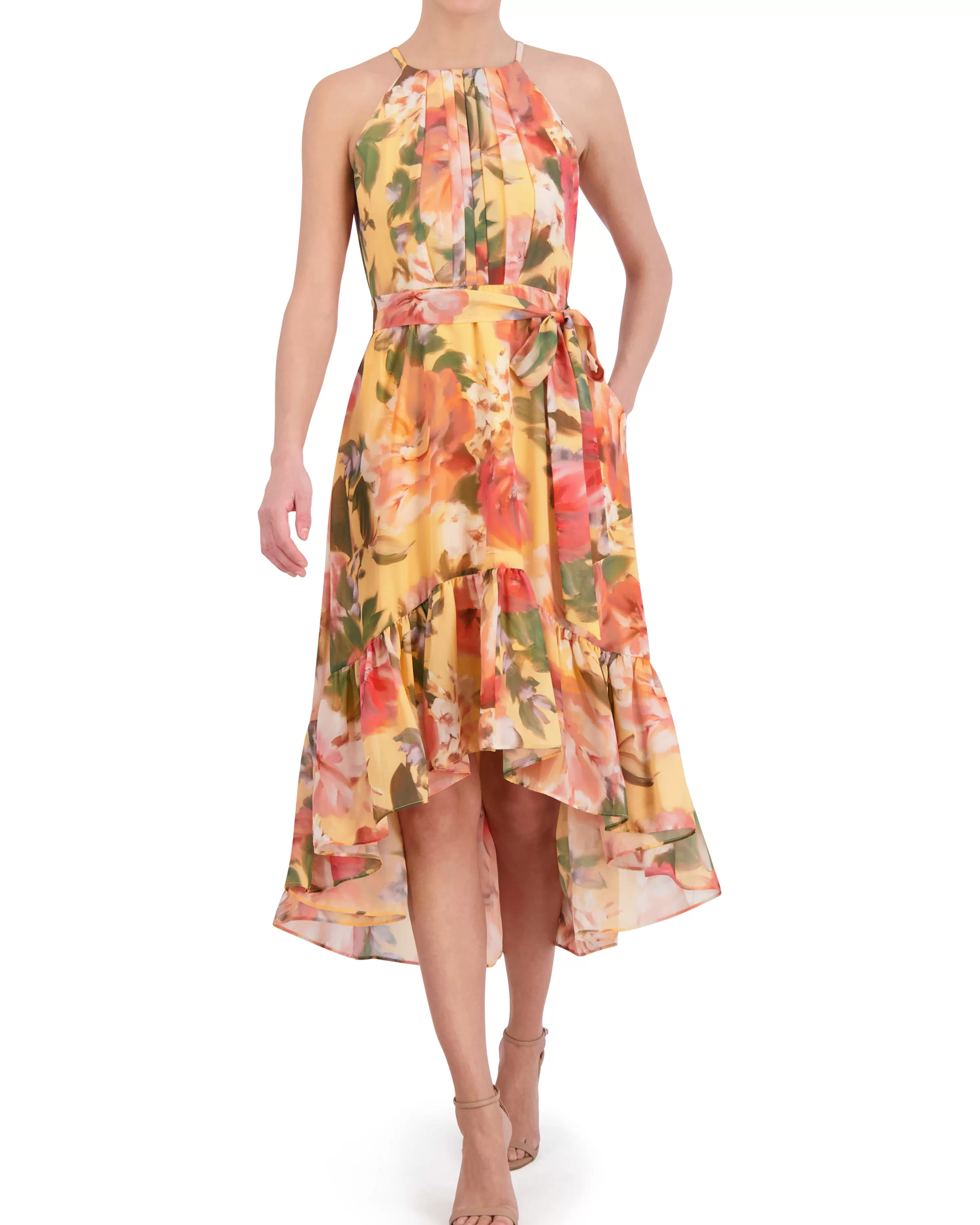 Vince Camuto Petite Floral-Print High-Low Midi Dress Yellow Best