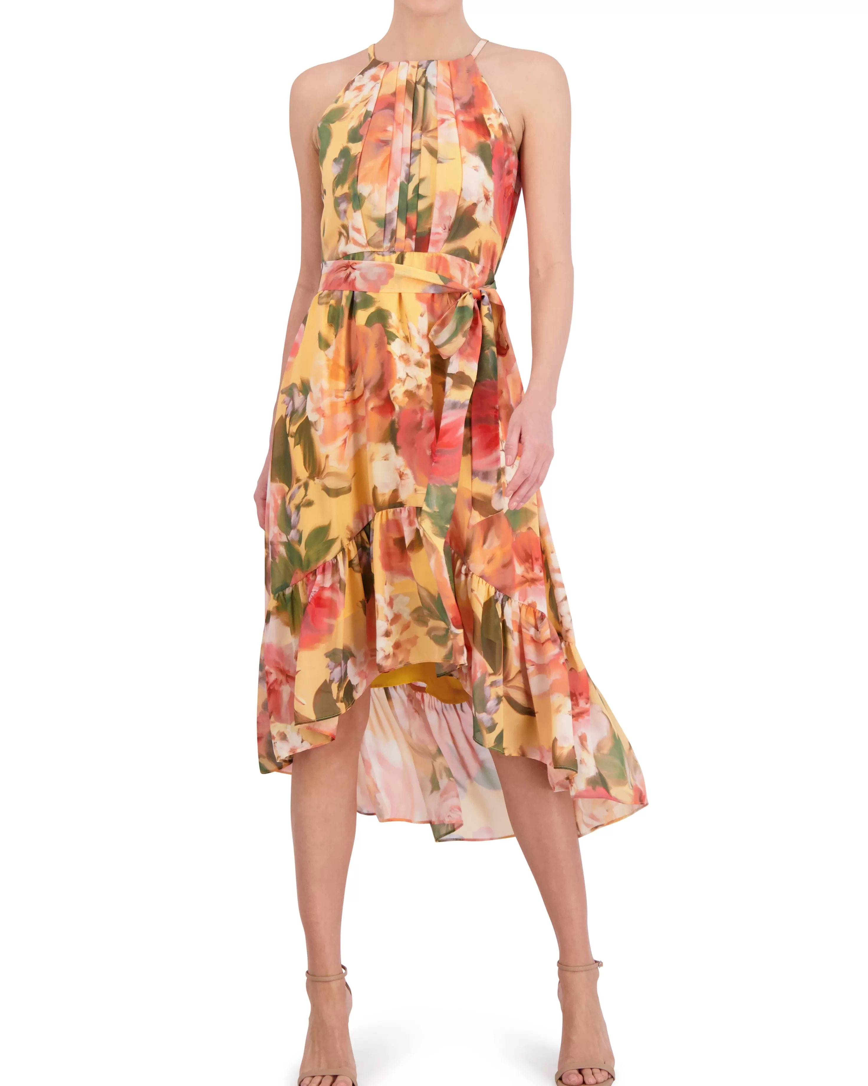 Vince Camuto Petite Floral-Print High-Low Midi Dress Yellow Best