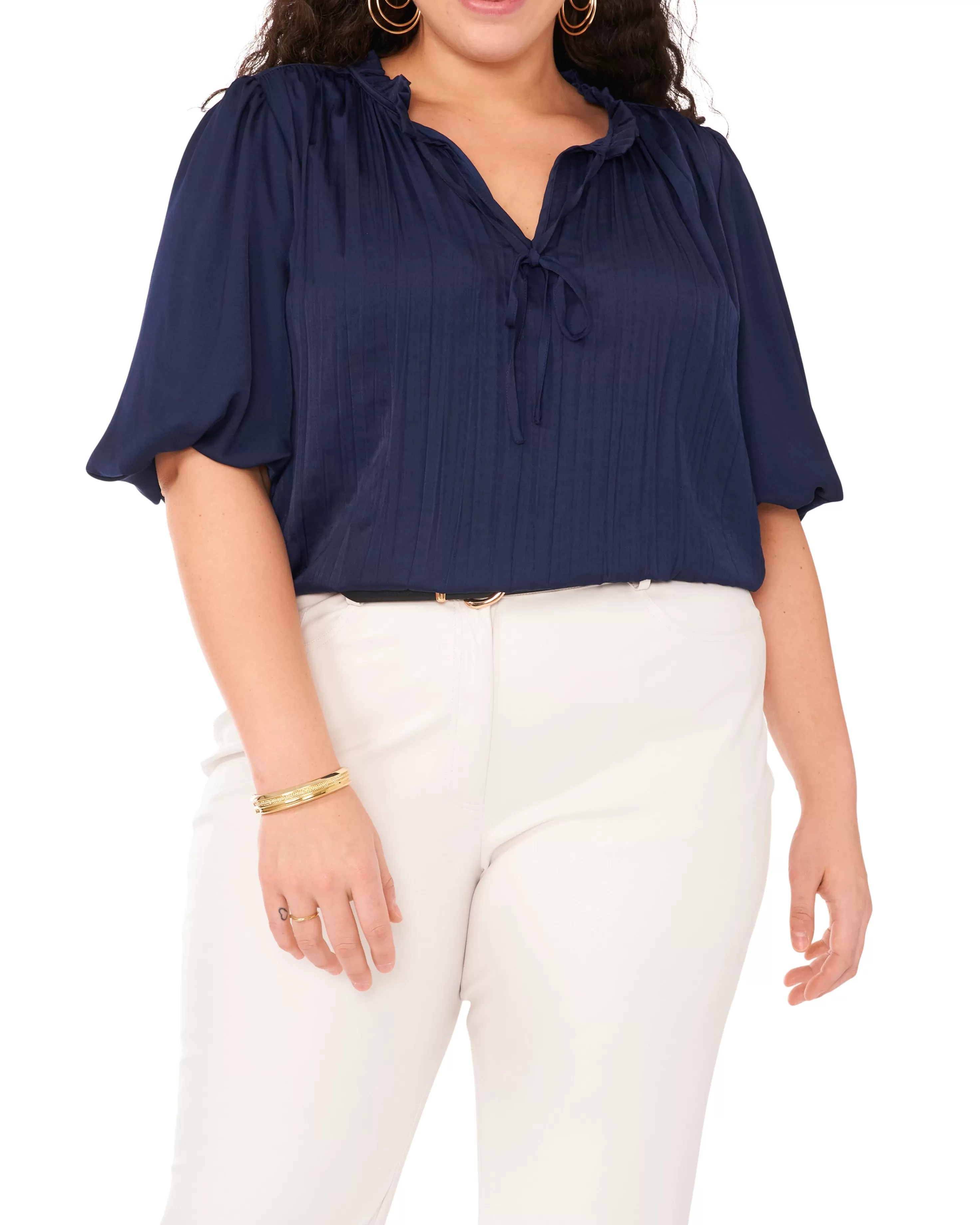 Vince Camuto Pleated Pull Sleeve Blouse Classic Navy New