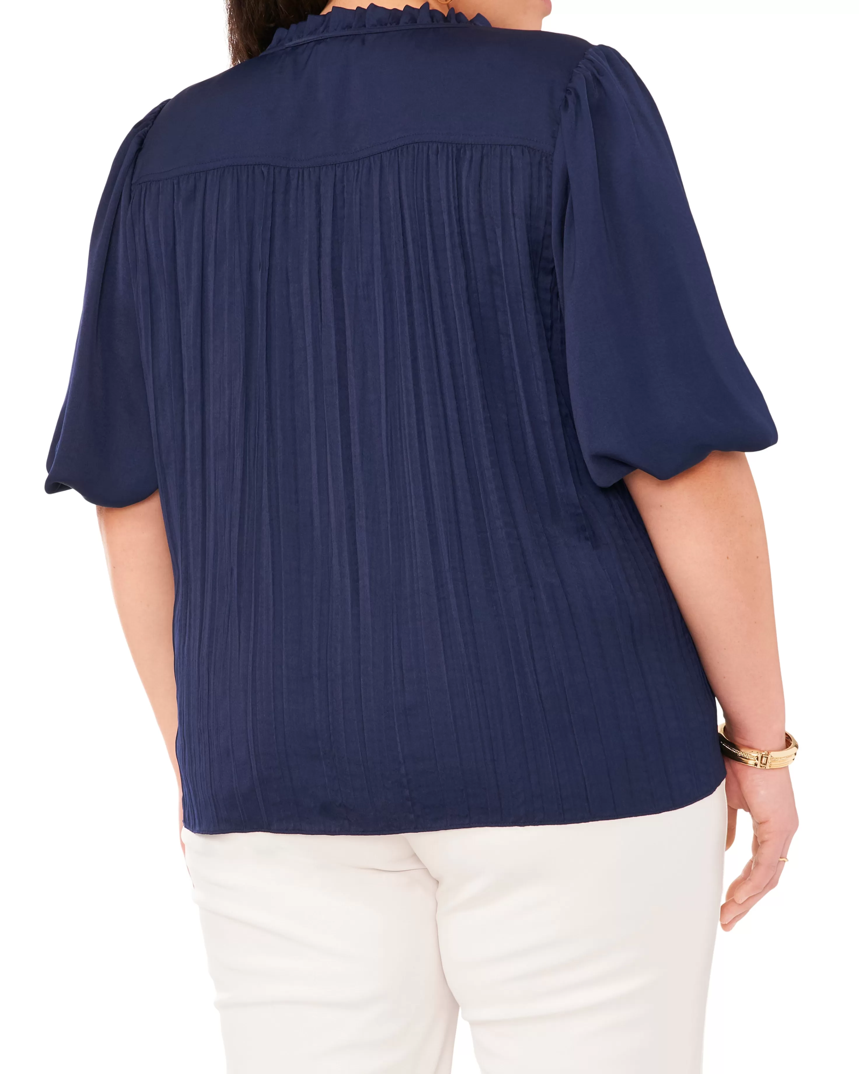 Vince Camuto Pleated Pull Sleeve Blouse Classic Navy New