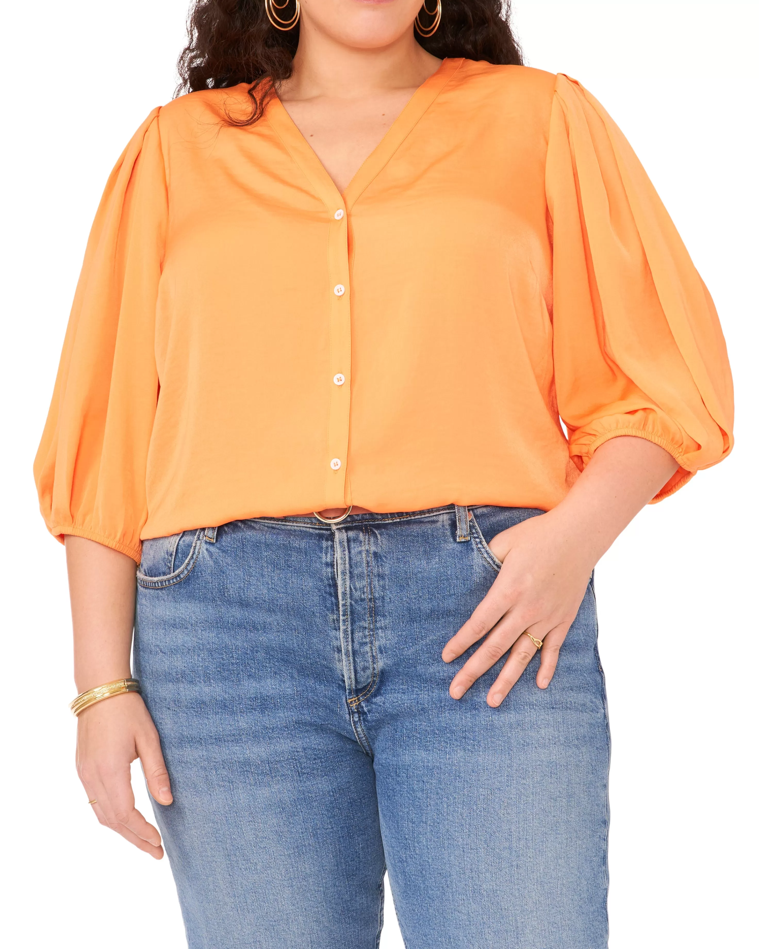 Vince Camuto Plus-Size Button Down Balloon Sleeve Blouse Orange Fizz Cheap