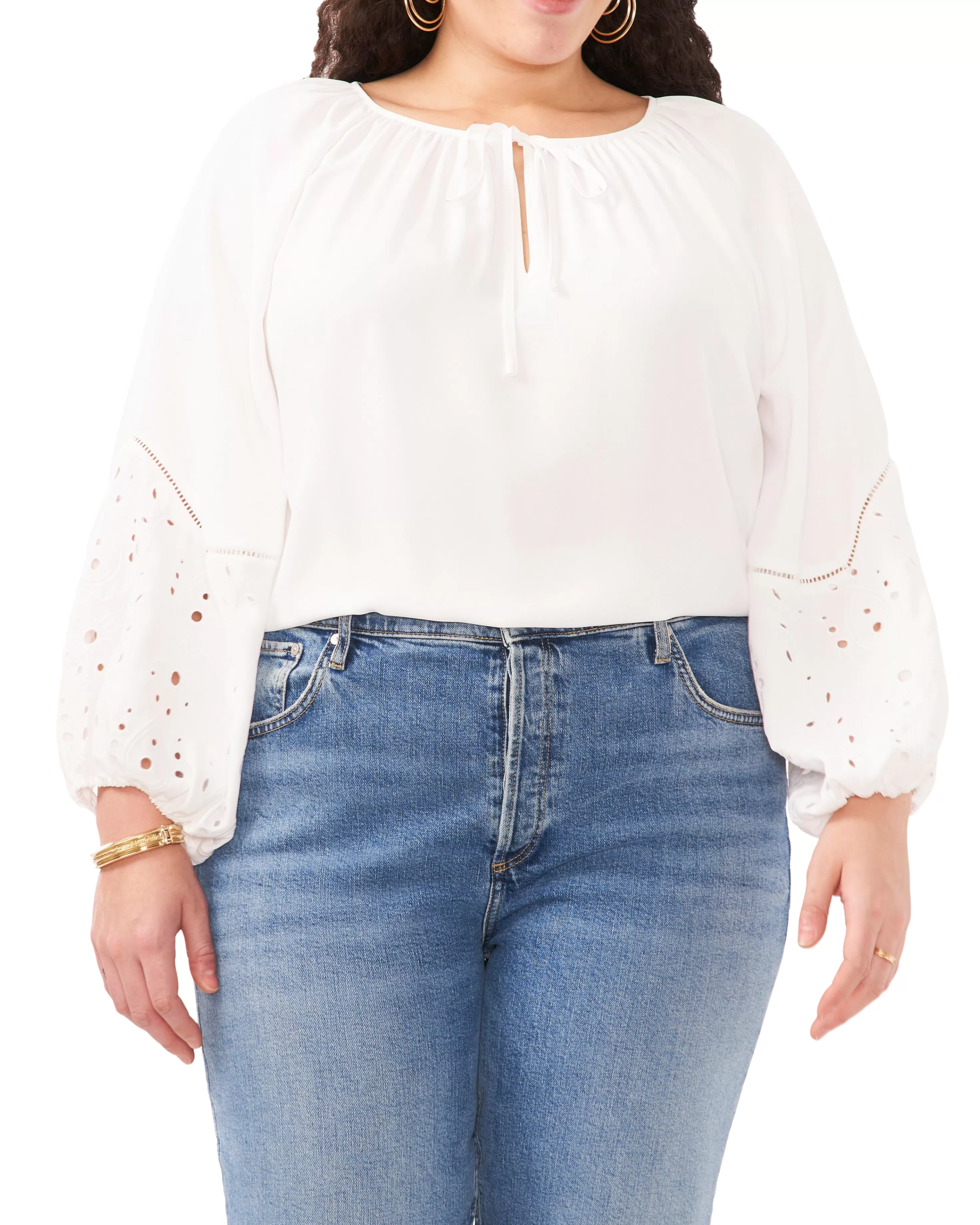 Vince Camuto Plus-Size Embroidered-Sleeve Split Neck Blouse Ultra White Outlet