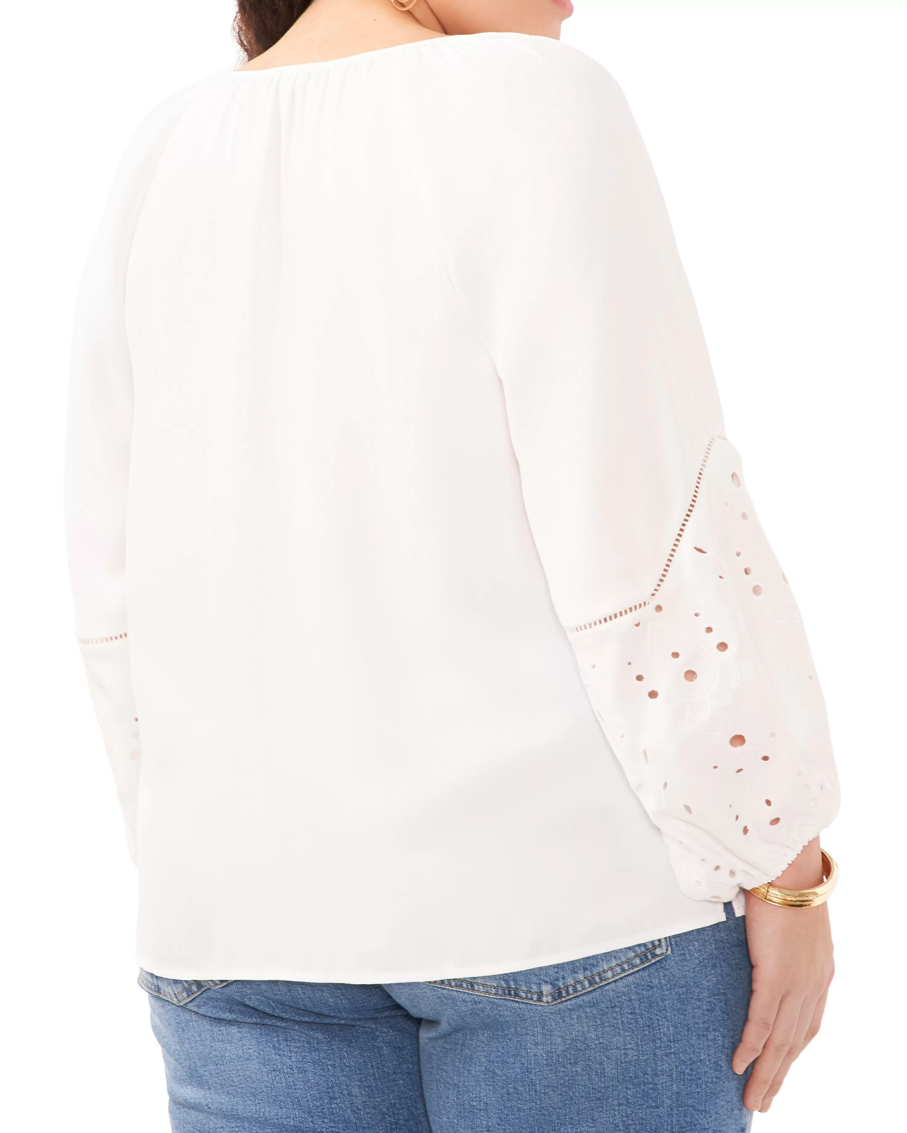 Vince Camuto Plus-Size Embroidered-Sleeve Split Neck Blouse Ultra White Outlet