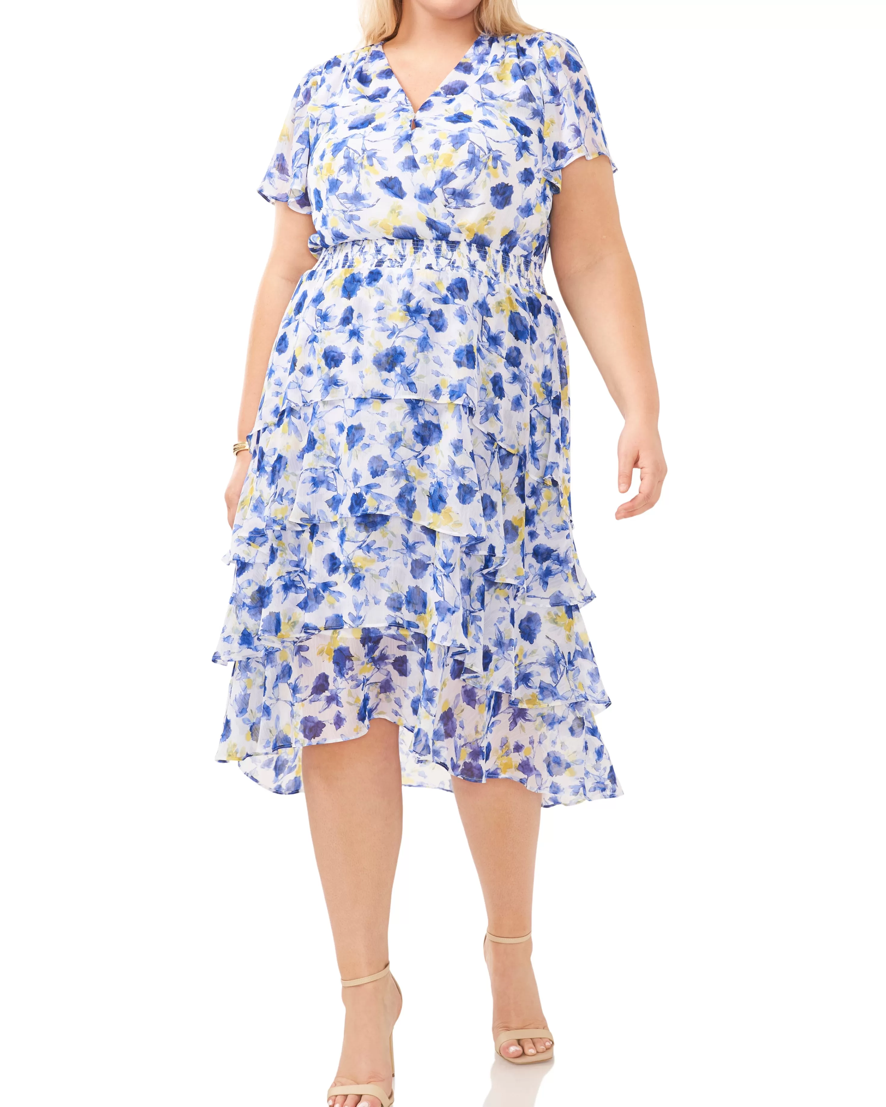 Vince Camuto Plus-Size Floral Print Tiered V-Neck Dress Ultra White Flash Sale