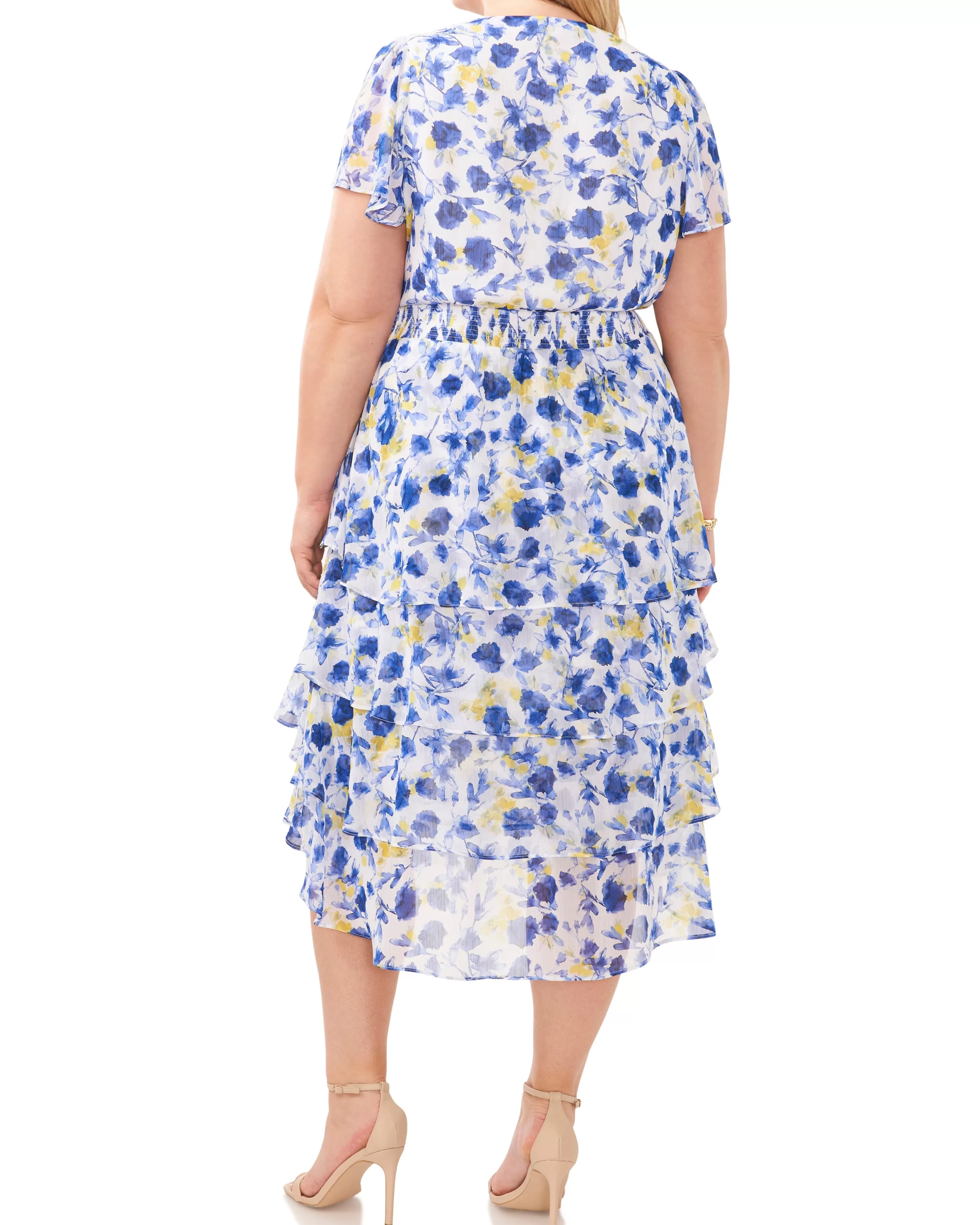 Vince Camuto Plus-Size Floral Print Tiered V-Neck Dress Ultra White Flash Sale