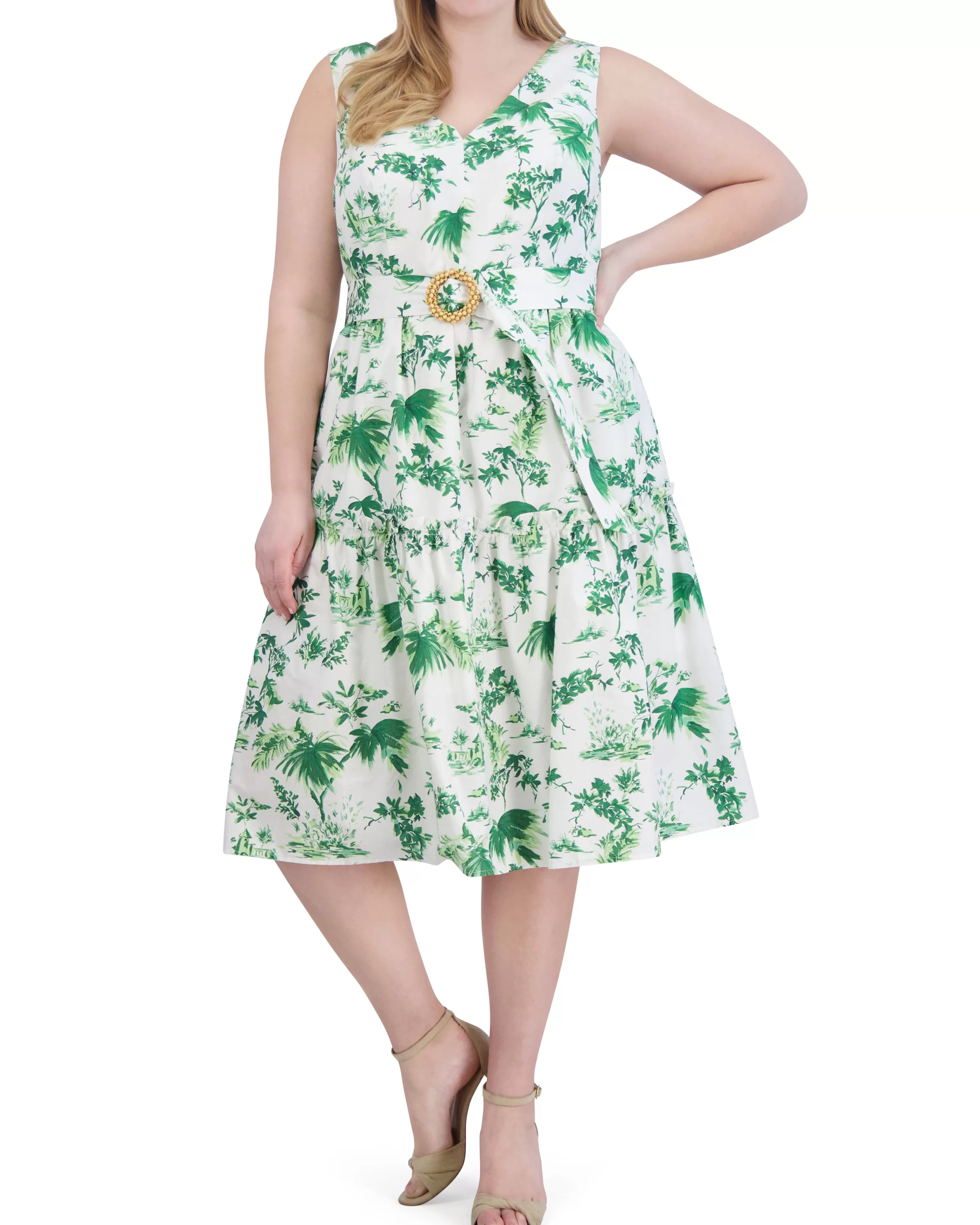 Vince Camuto Plus-Size Floral-Print Belted Tiered Dress Green Flash Sale