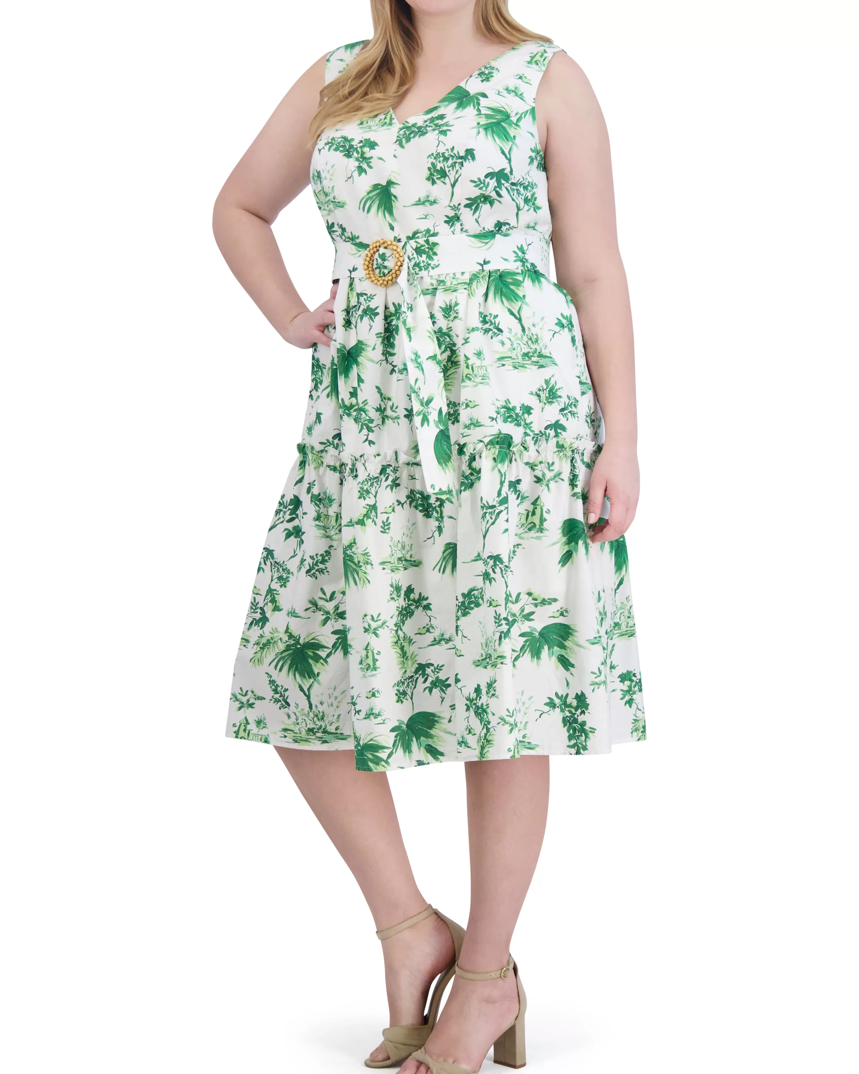 Vince Camuto Plus-Size Floral-Print Belted Tiered Dress Green Flash Sale