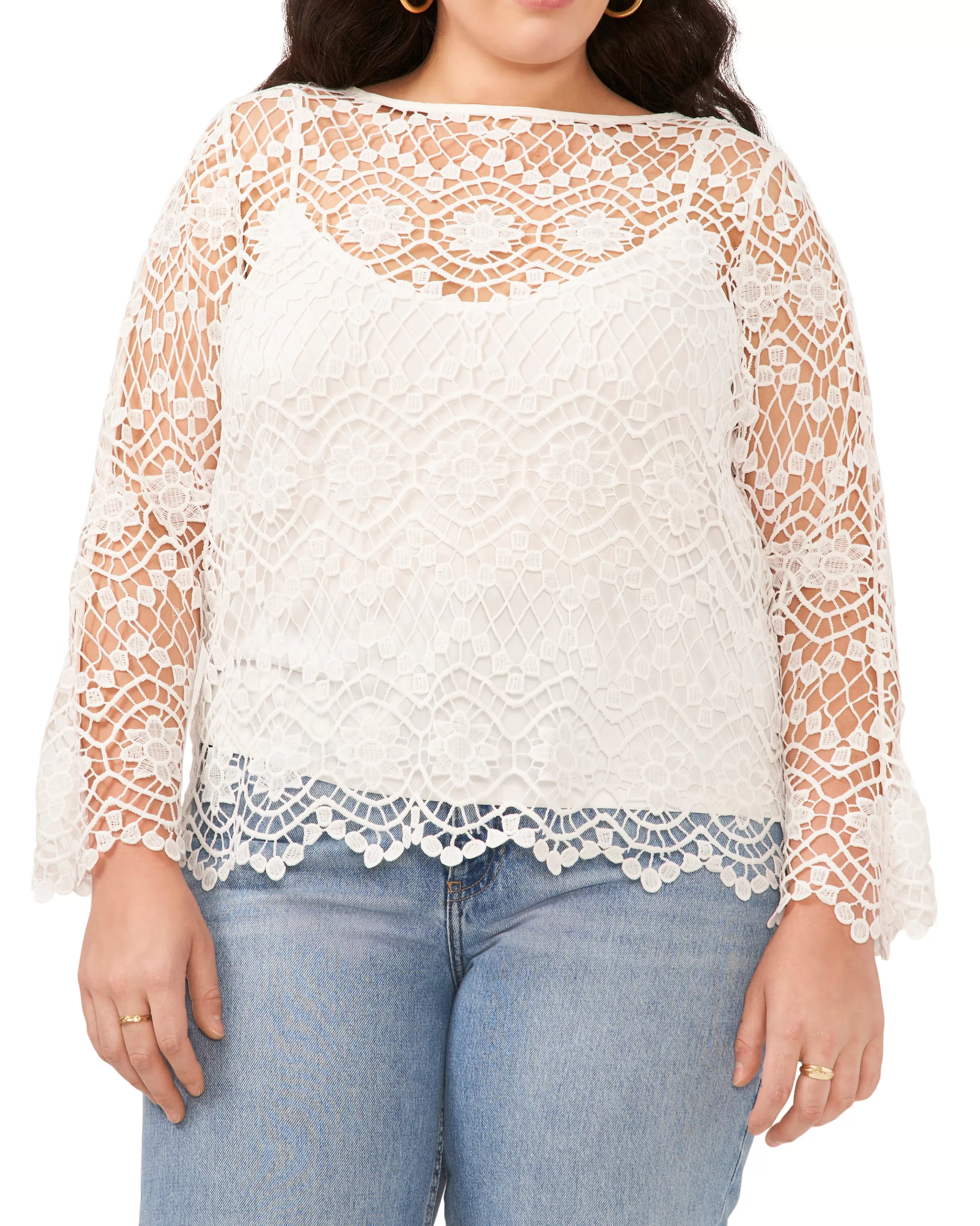 Vince Camuto Plus-Size Open-Weave Floral Lace Cropped Blouse Ultra White Store