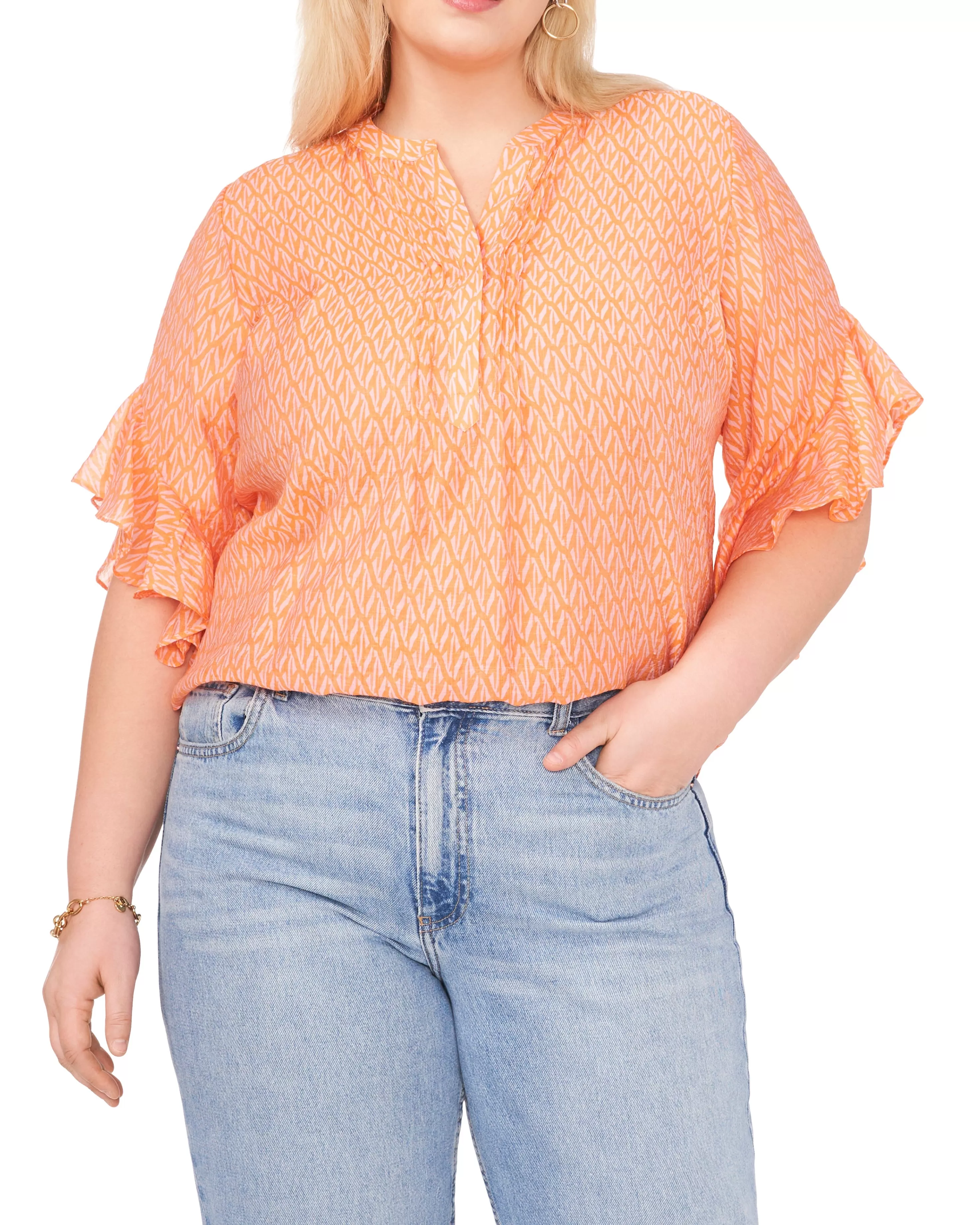 Vince Camuto Plus-Size Pintuck Pleated Flutter Sleeve Blouse Orange Fizz Best Sale