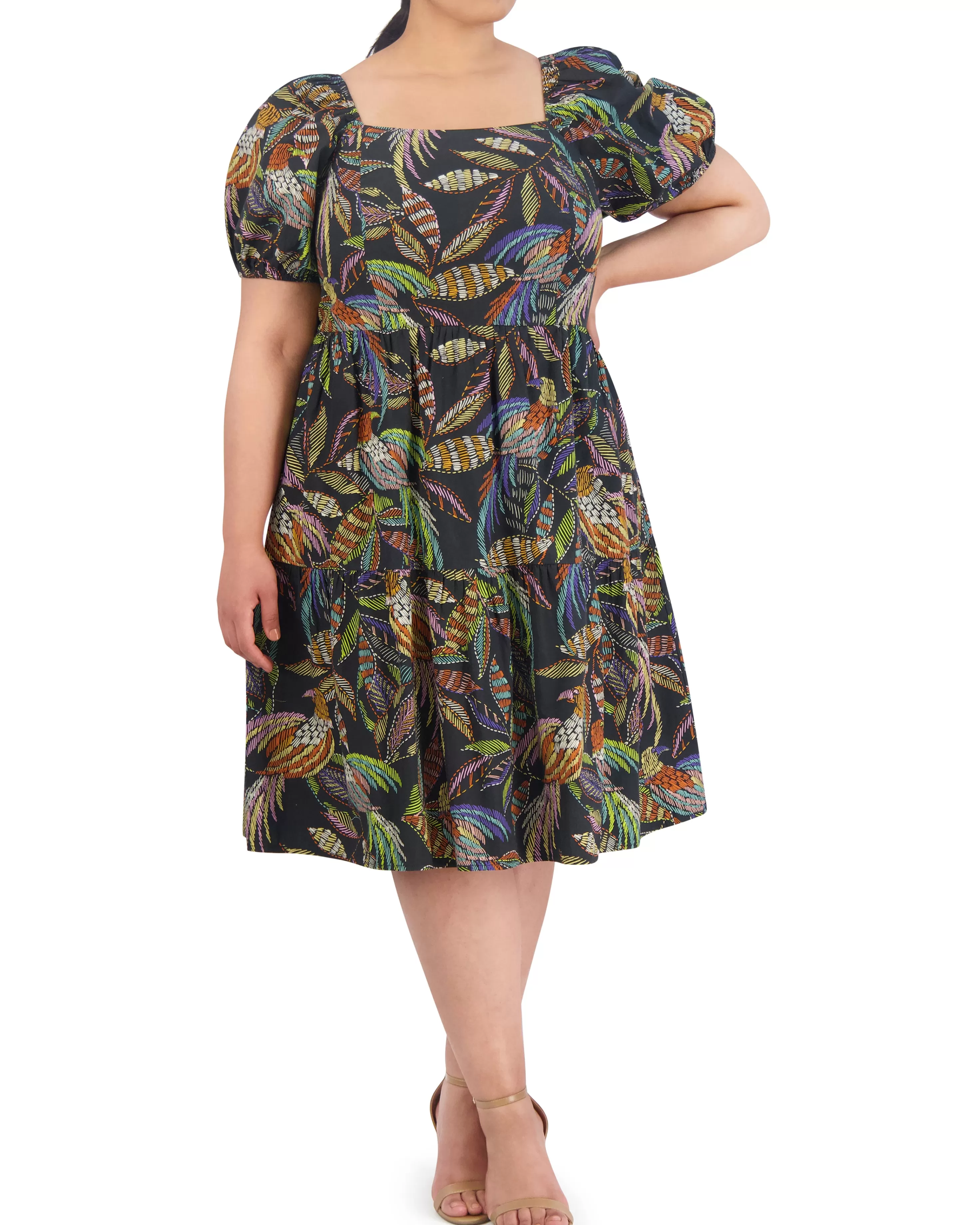 Vince Camuto Plus-Size Printed Cotton Square-Neck Midi Dress Black Multi New