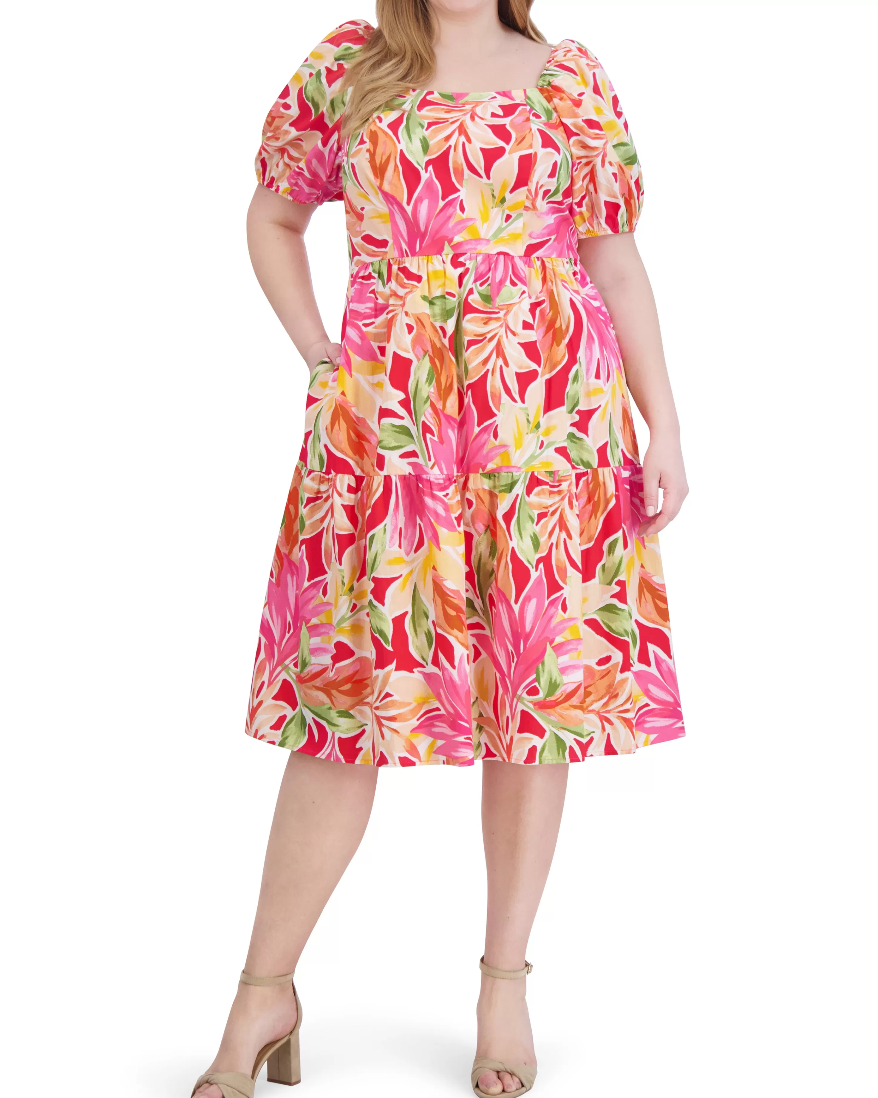 Vince Camuto Plus-Size Printed Cotton Square-Neck Midi Dress Pink Multi Best