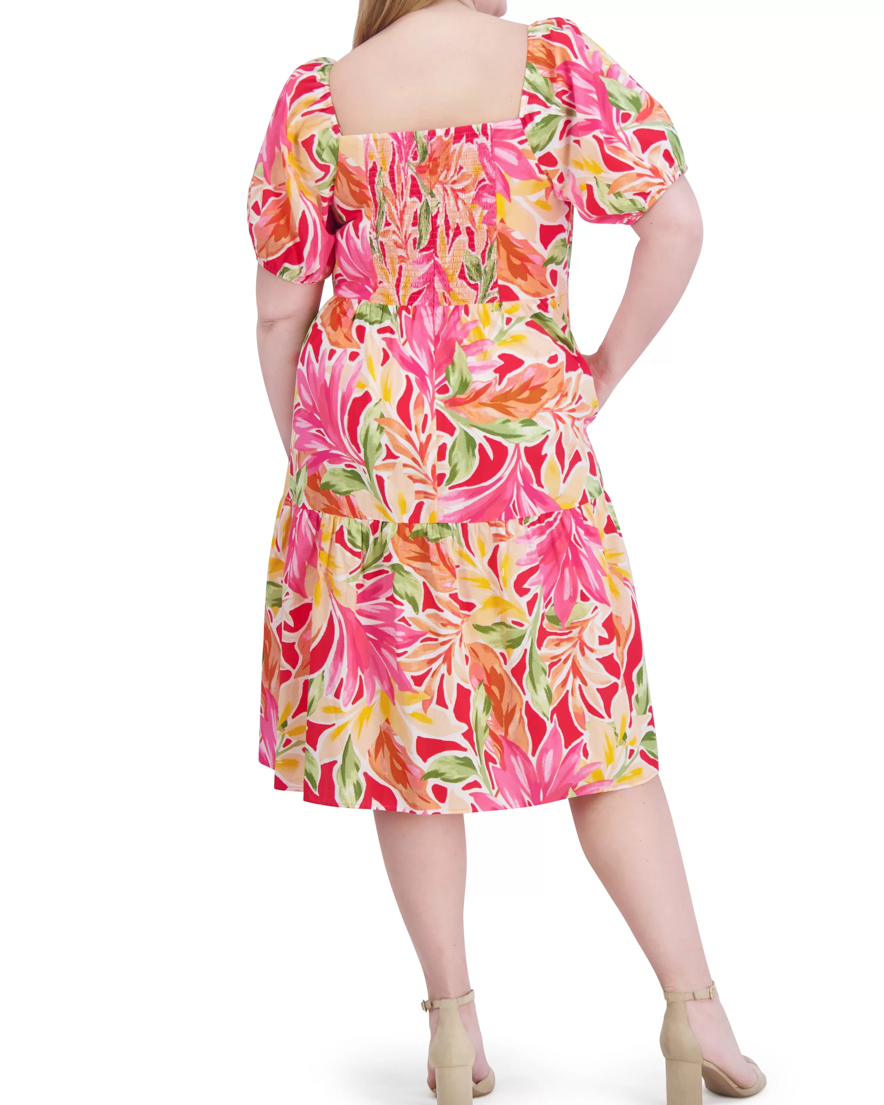 Vince Camuto Plus-Size Printed Cotton Square-Neck Midi Dress Pink Multi Best