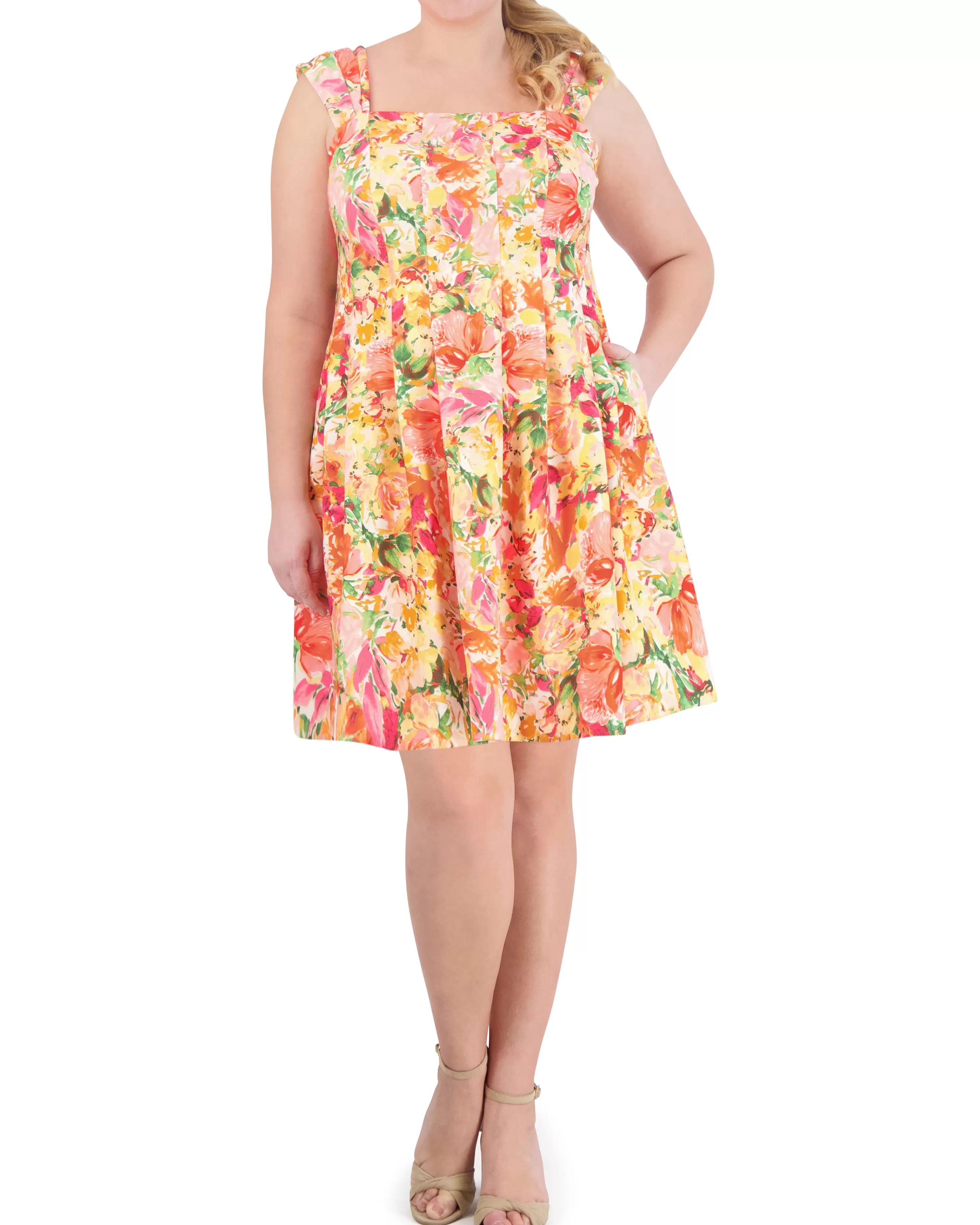 Vince Camuto Plus-Size Printed Square-Neck Fit-And-Flare Dress Marigold Best