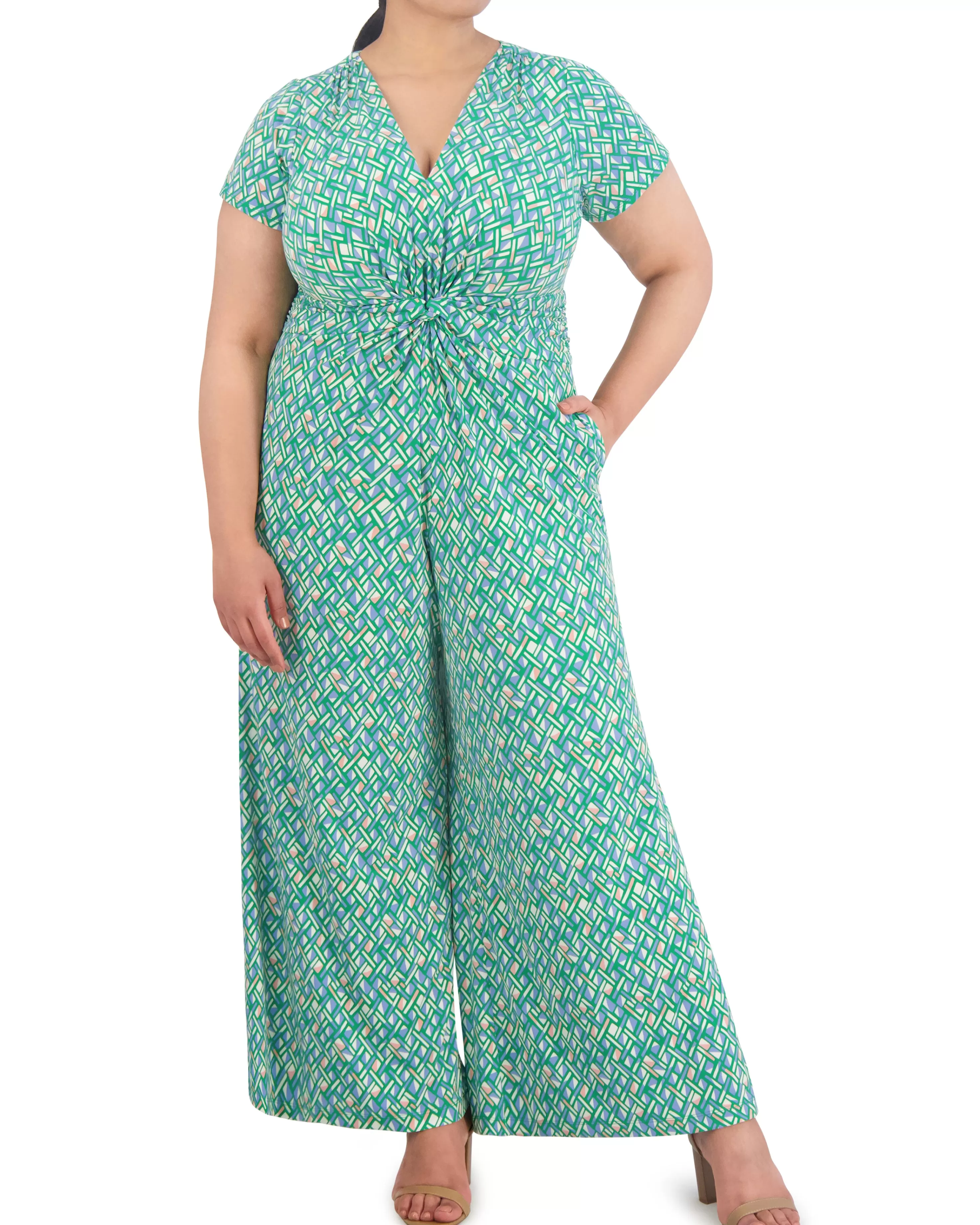 Vince Camuto Plus-Size Printed Twist-Front Flared-Leg Jumpsuit Green Store