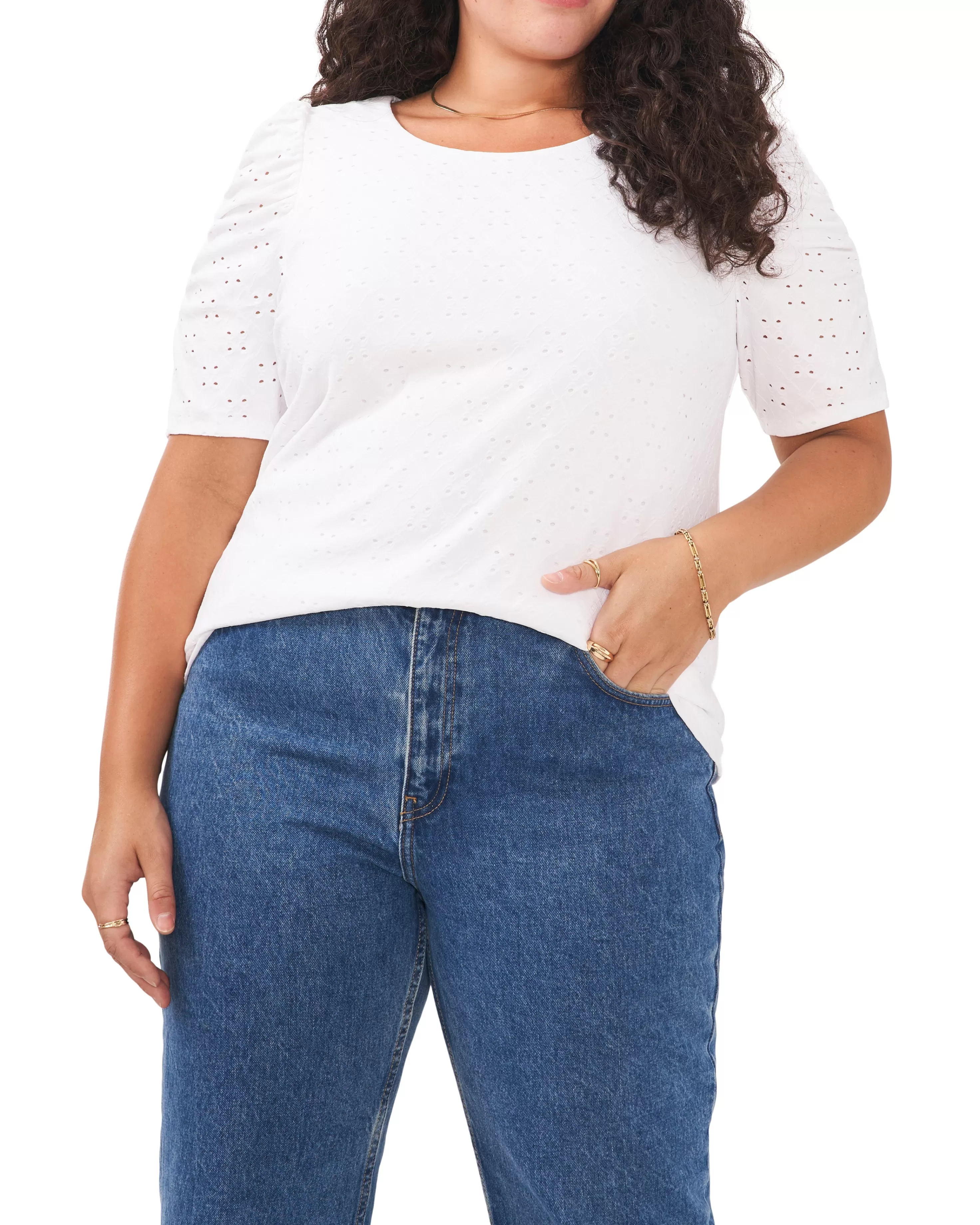 Vince Camuto Plus-Size Ruched Sleeve Eyelet Top Ultra White Cheap