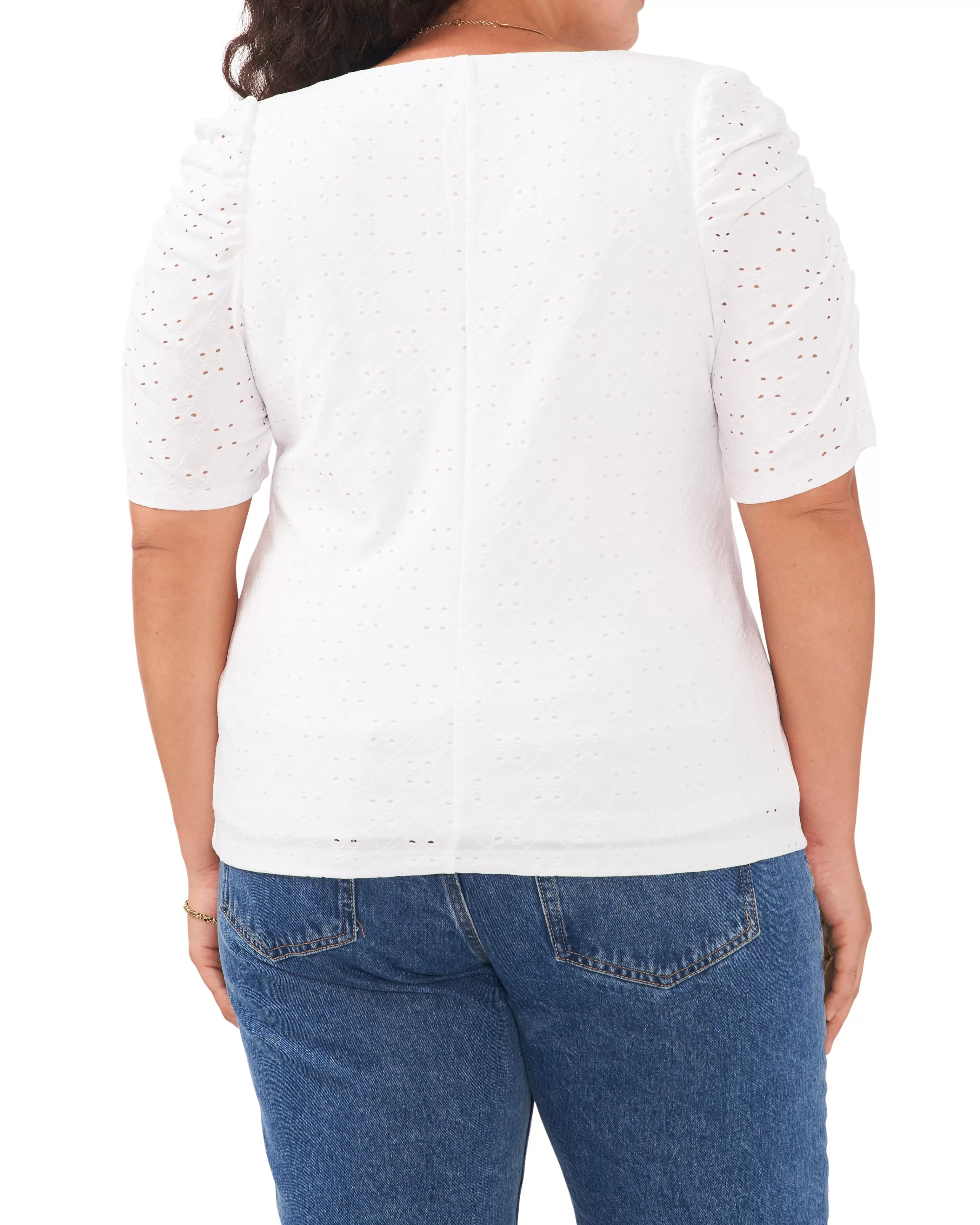 Vince Camuto Plus-Size Ruched Sleeve Eyelet Top Ultra White Cheap