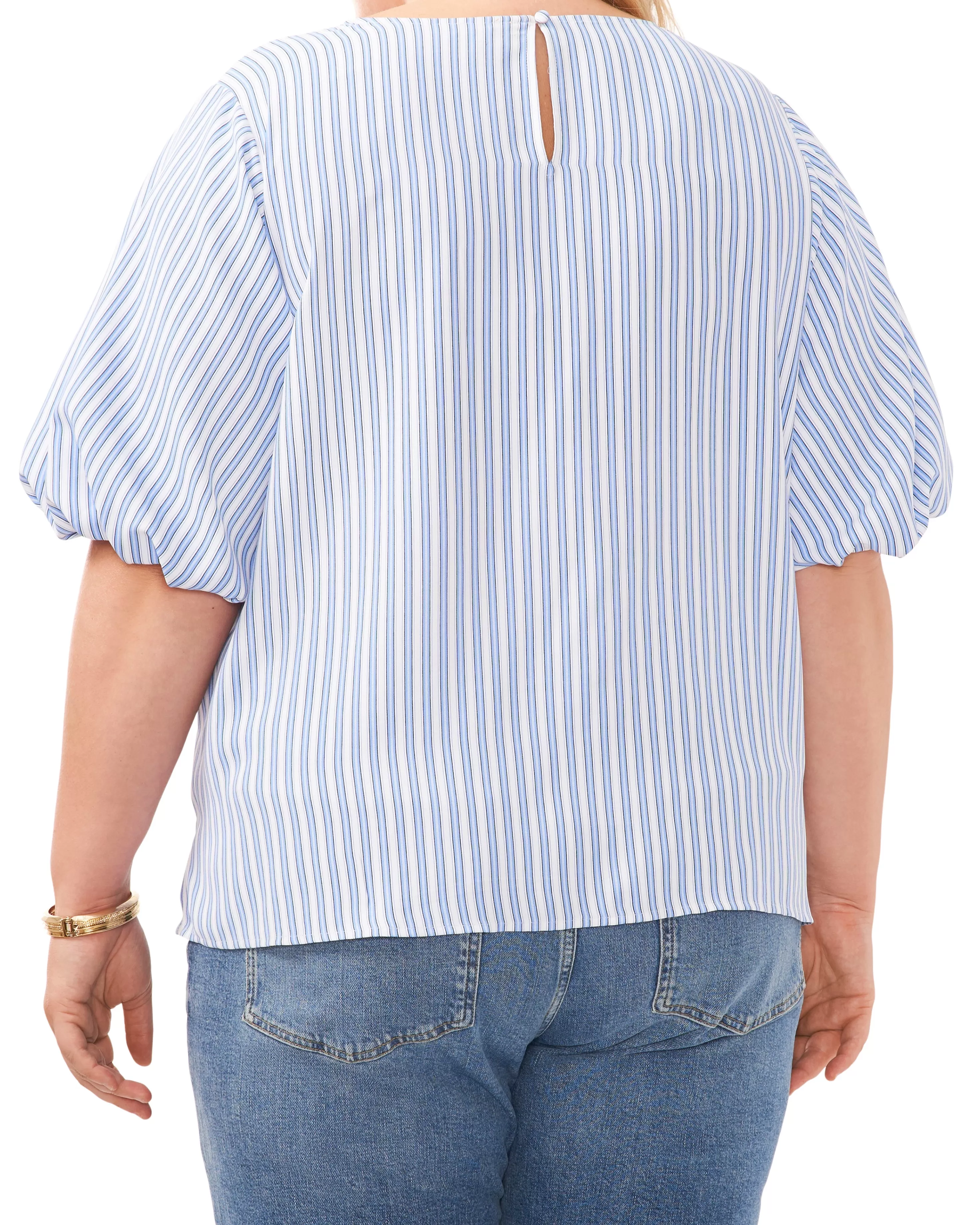 Vince Camuto Plus-Size Stripe Print Puff Sleeve Blouse Airy Blue Best