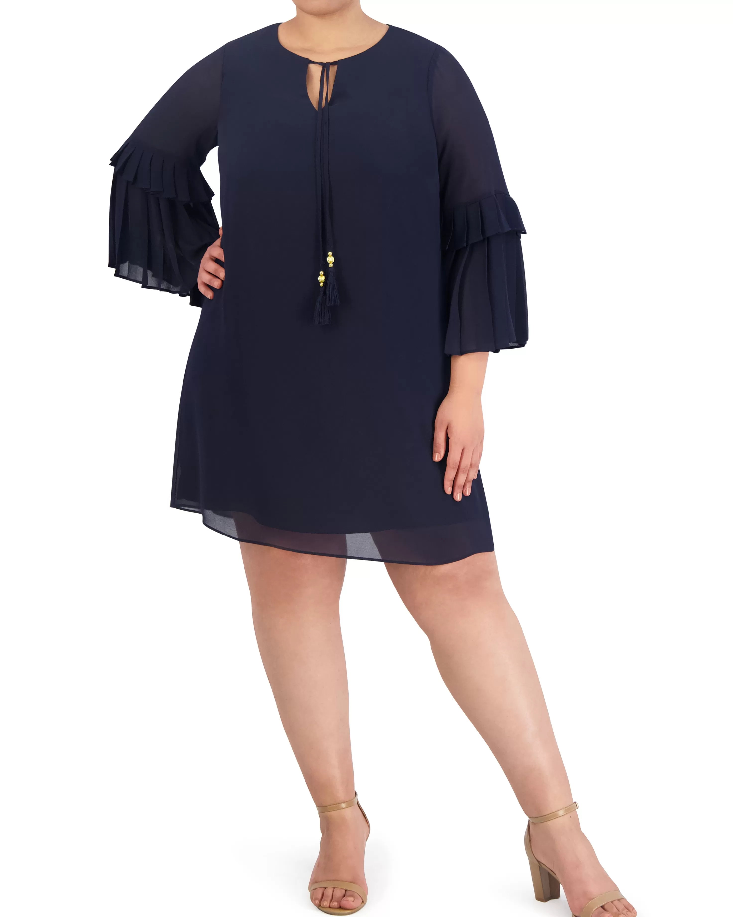 Vince Camuto Plus-Size Tasseled Pleated-Sleeve Dress Navy Clearance