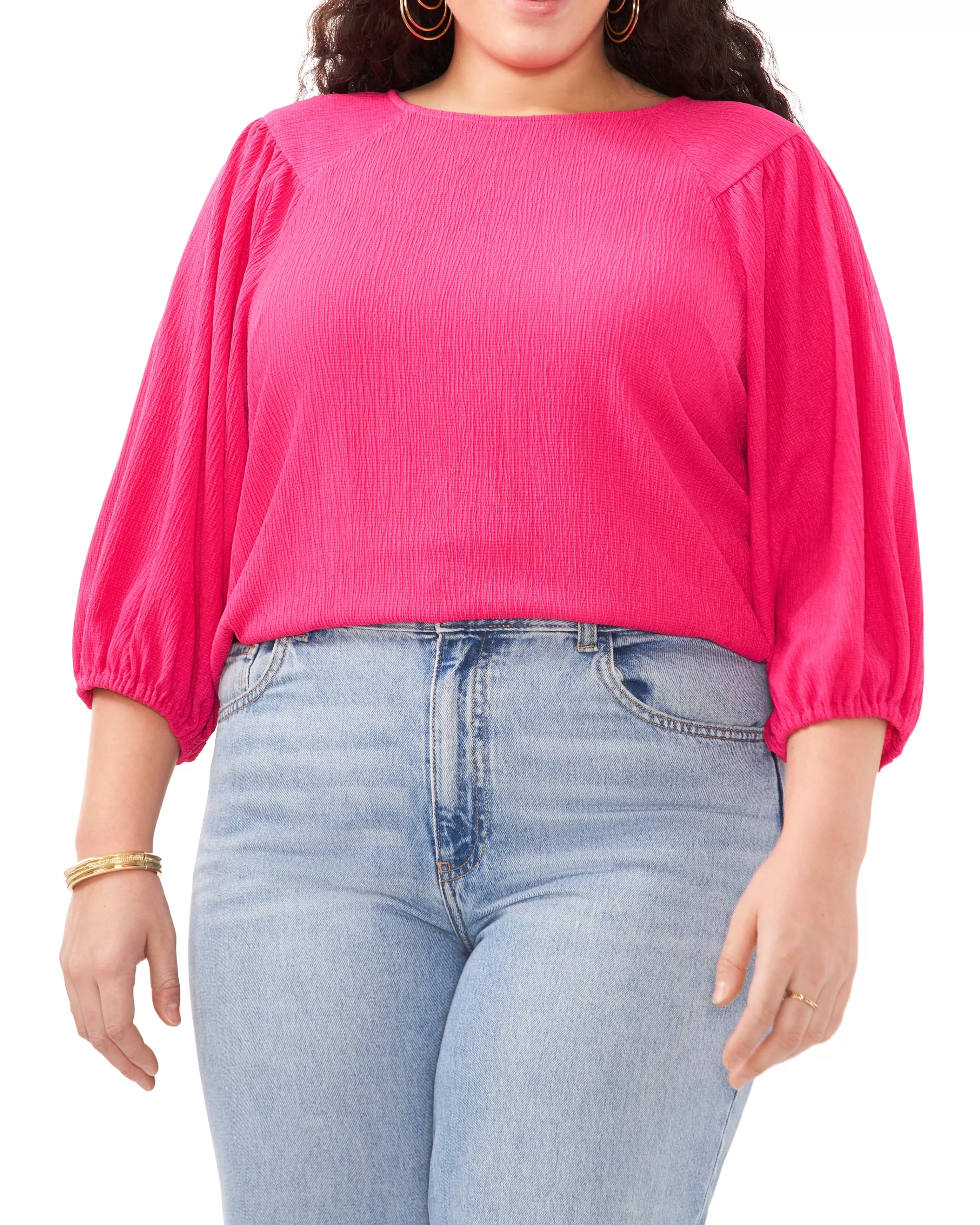 Vince Camuto Plus-Size Textured Puff Sleeve Top Modern Pink Fashion