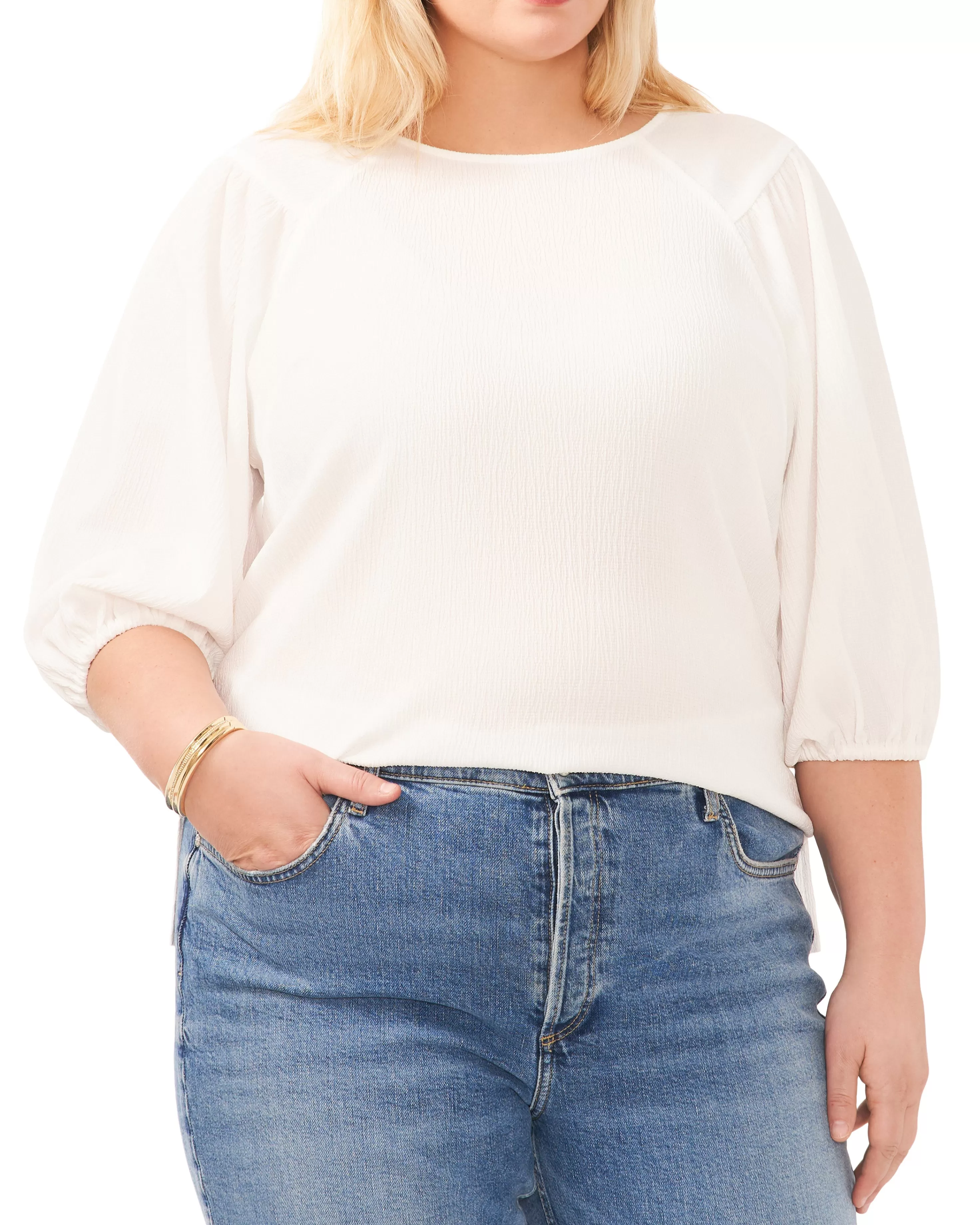 Vince Camuto Plus-Size Textured Puff Sleeve Top New Ivory Shop