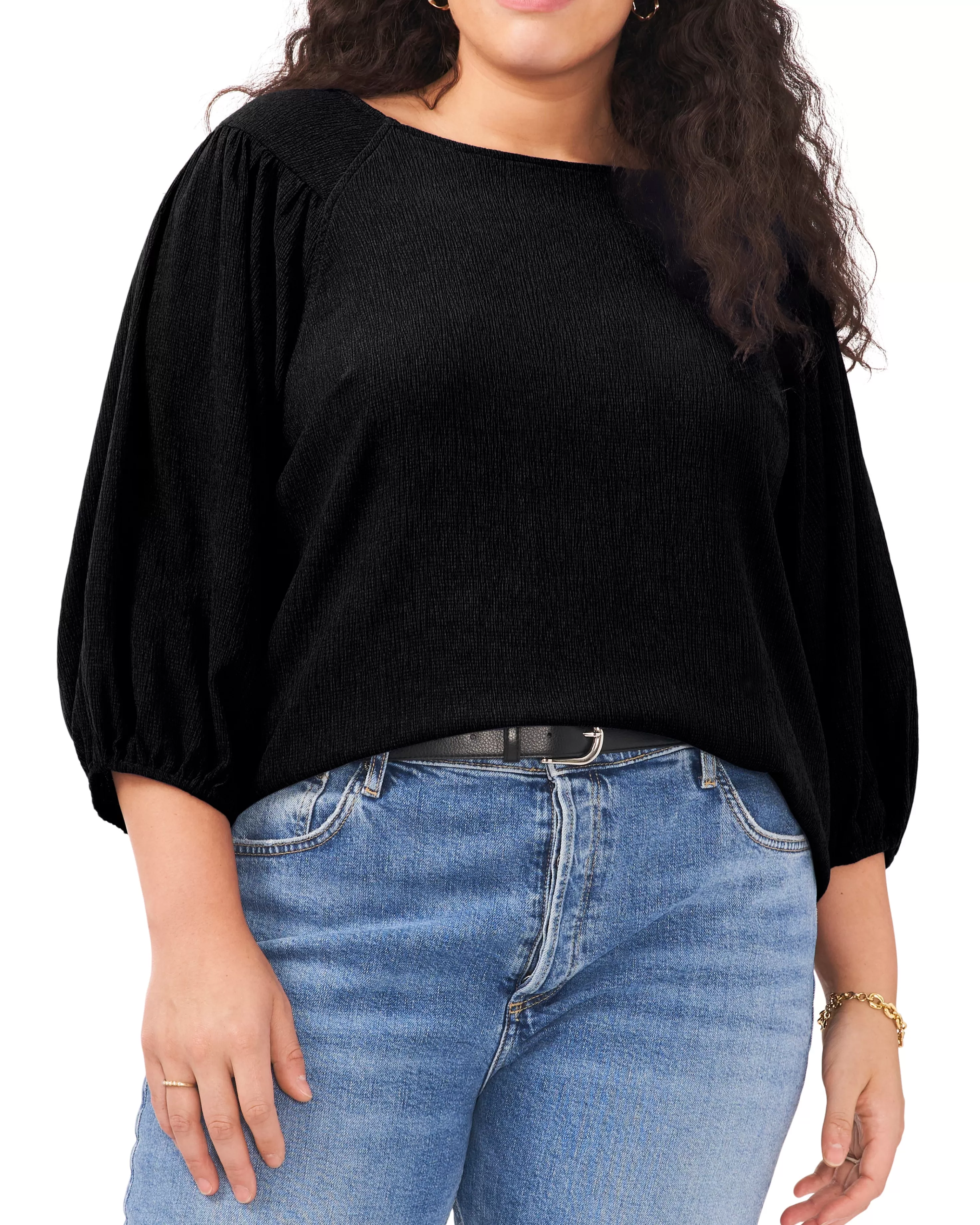 Vince Camuto Plus-Size Textured Puff Sleeve Top Rich Black Cheap